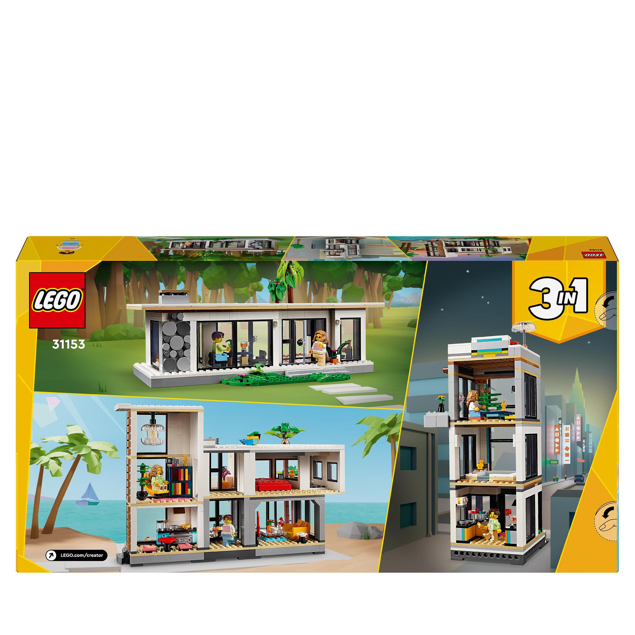 3'ü 1 arada ev tasarımlarına sahip Lego kutusu. Minyatür figürler ve renkli tasarım içerir.