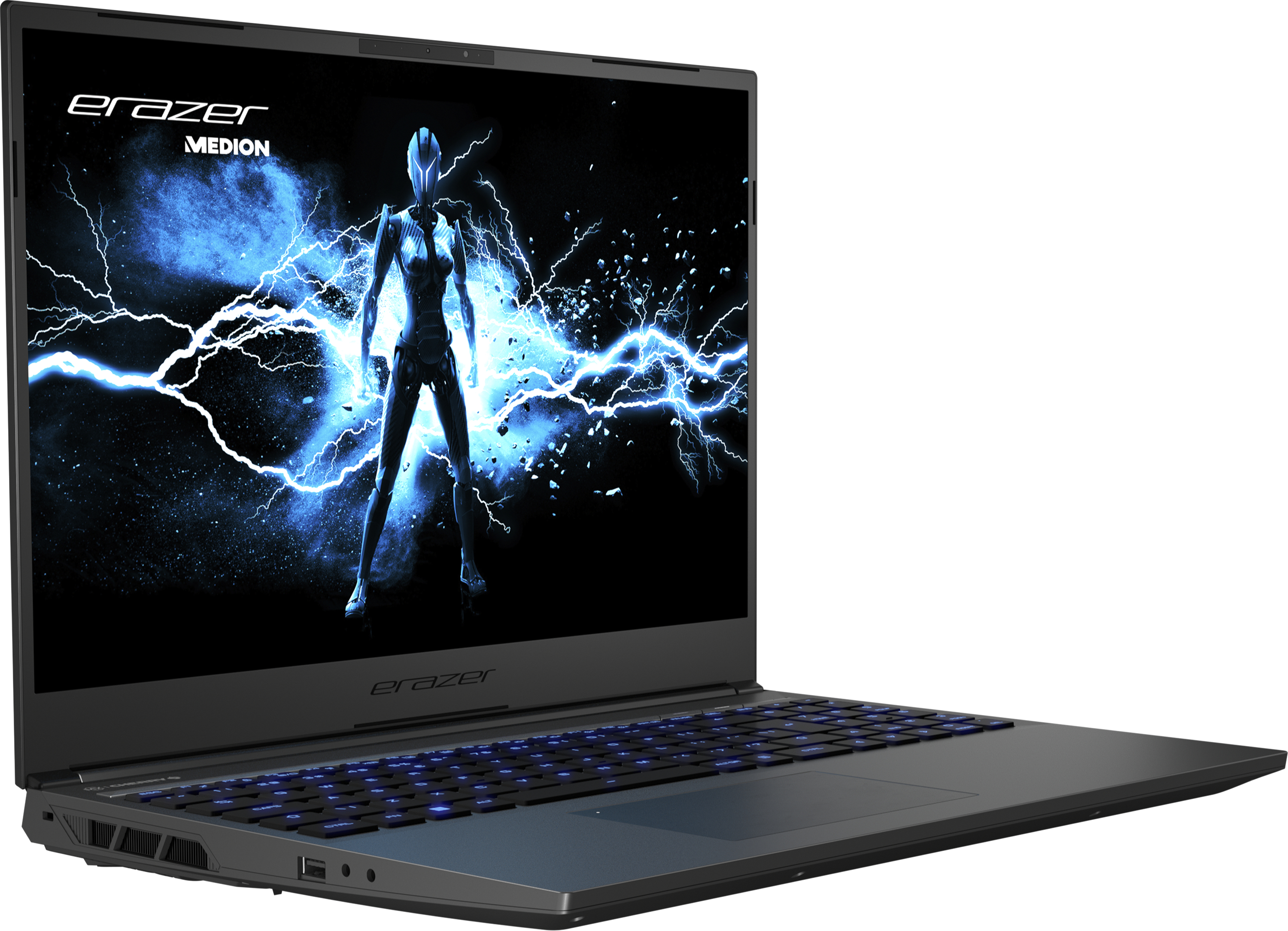 Black laptop with a gaming display. The screen shows a figure with lightning graphics.