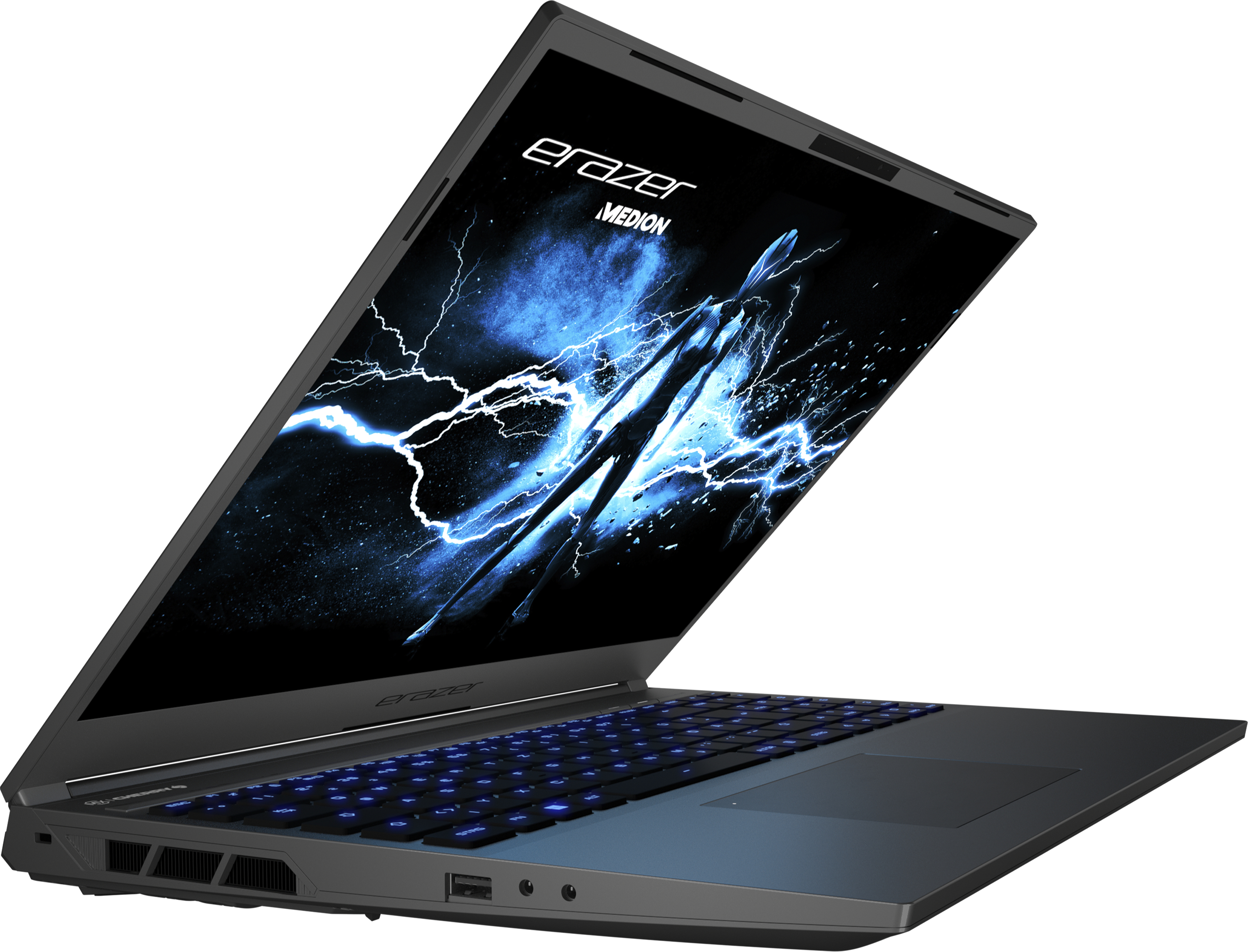 Black laptop with blue backlit keyboard, open on a white background.