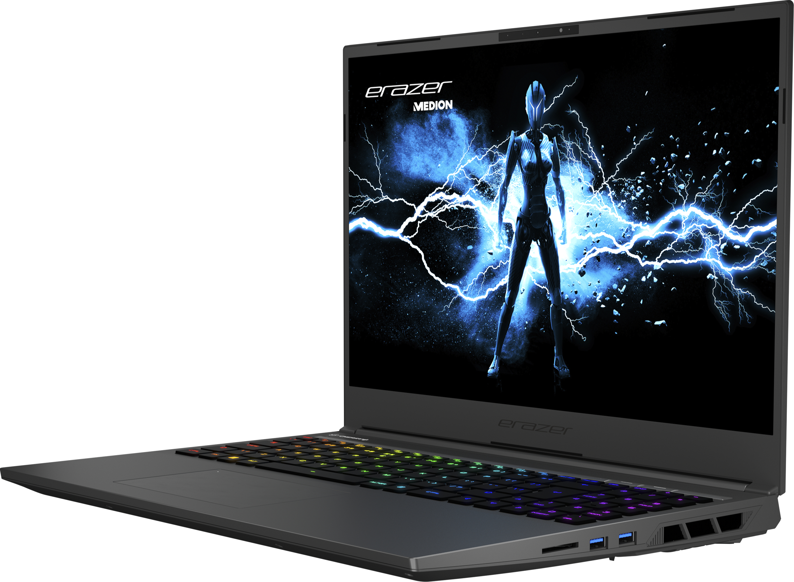 Black laptop with a colorful keyboard and a screen displaying a woman with lightning.