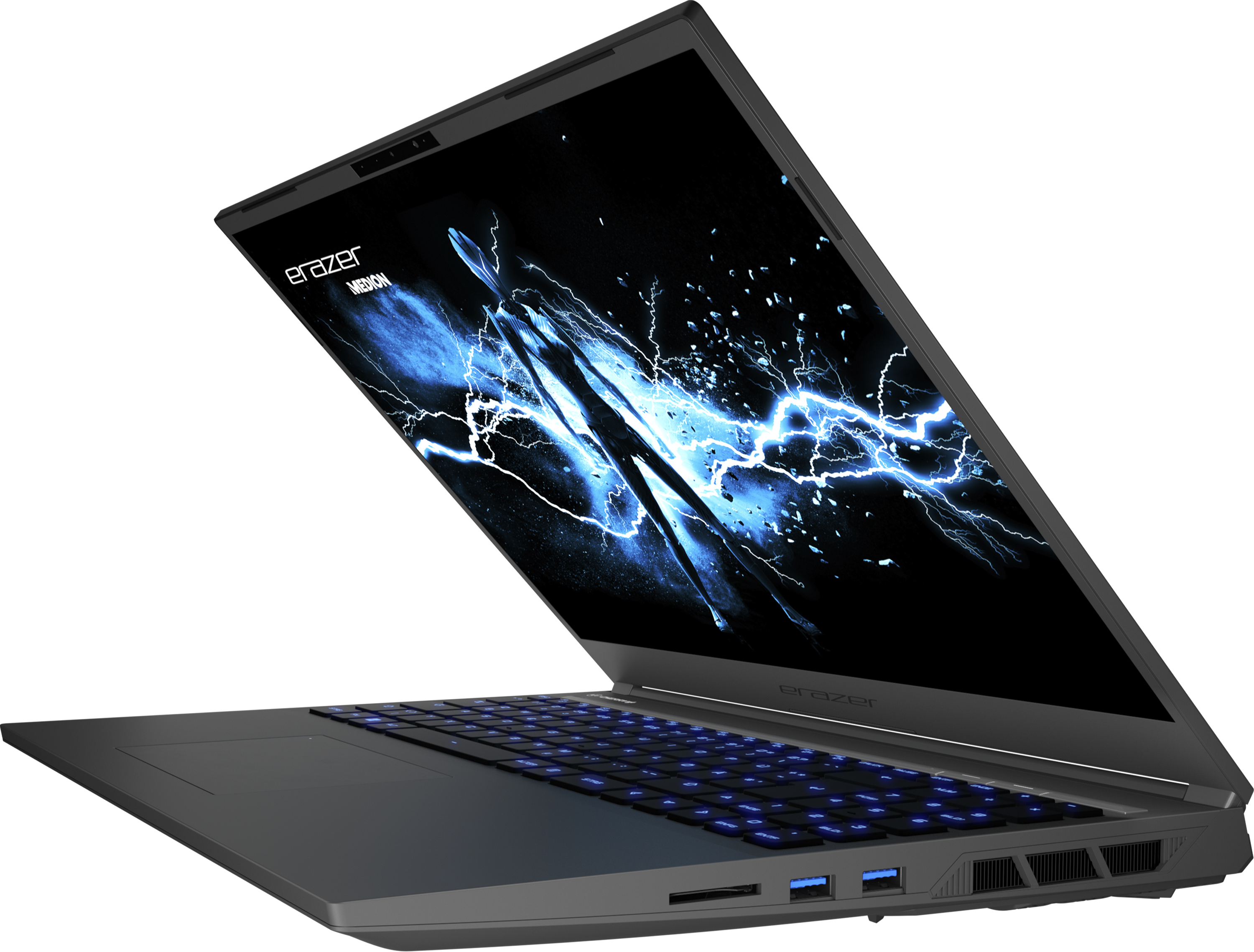 Laptop with blue lit keys and a screen displaying a blue lightning graphic.