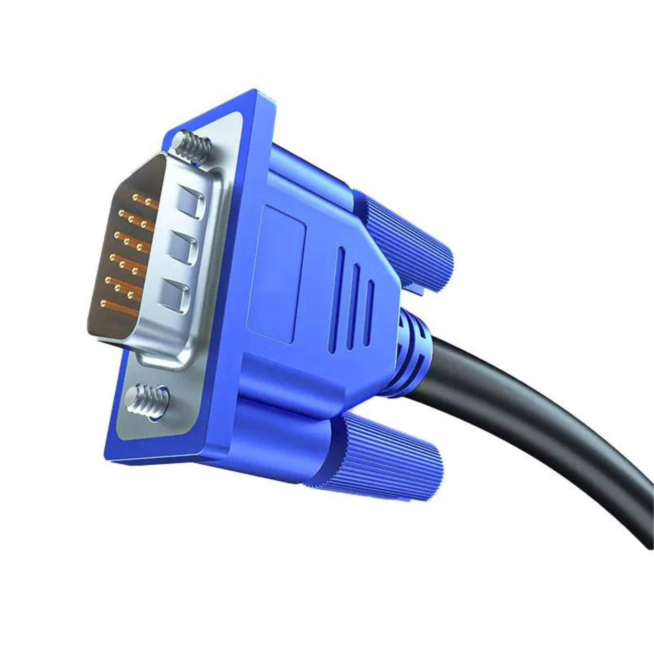 Blauer VGA-Stecker mit schwarzem Kabel, Nahaufnahme auf weißem Hintergrund.
