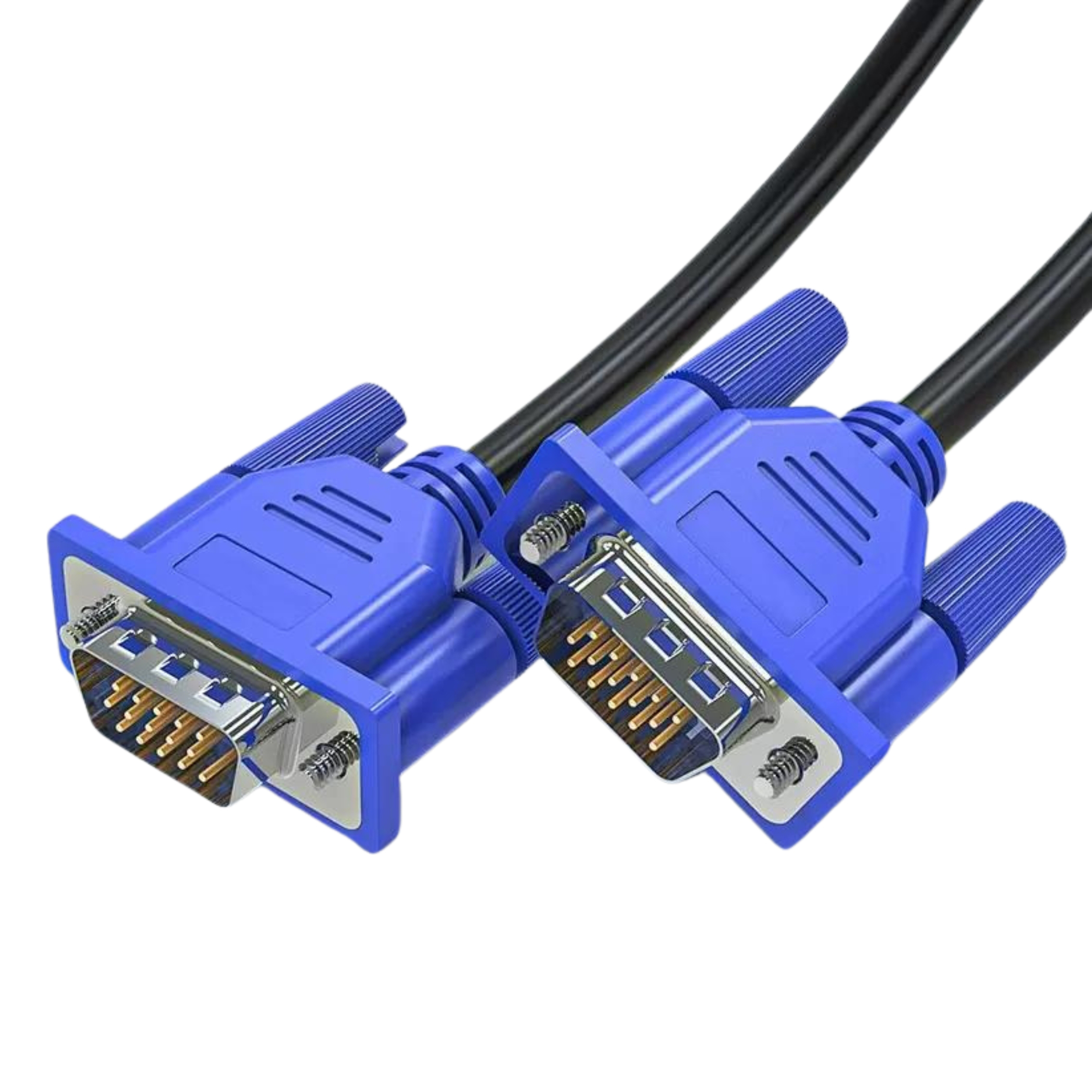 Zwei blaue VGA-Kabel mit Steckern. Weißer Hintergrund.