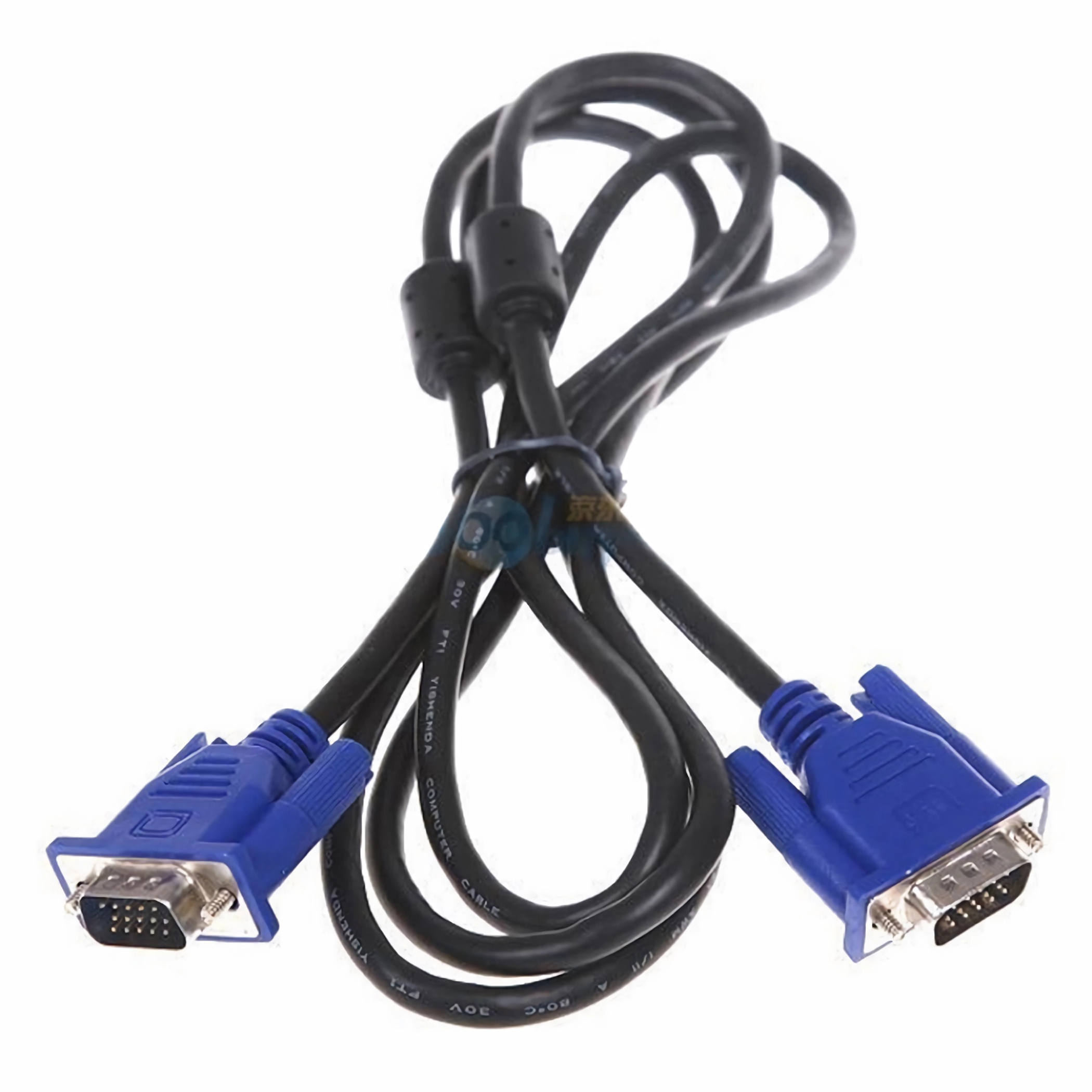 Schwarzes VGA-Kabel mit blauen Anschlüssen, in einer Schleife vor weißem Hintergrund angeordnet.