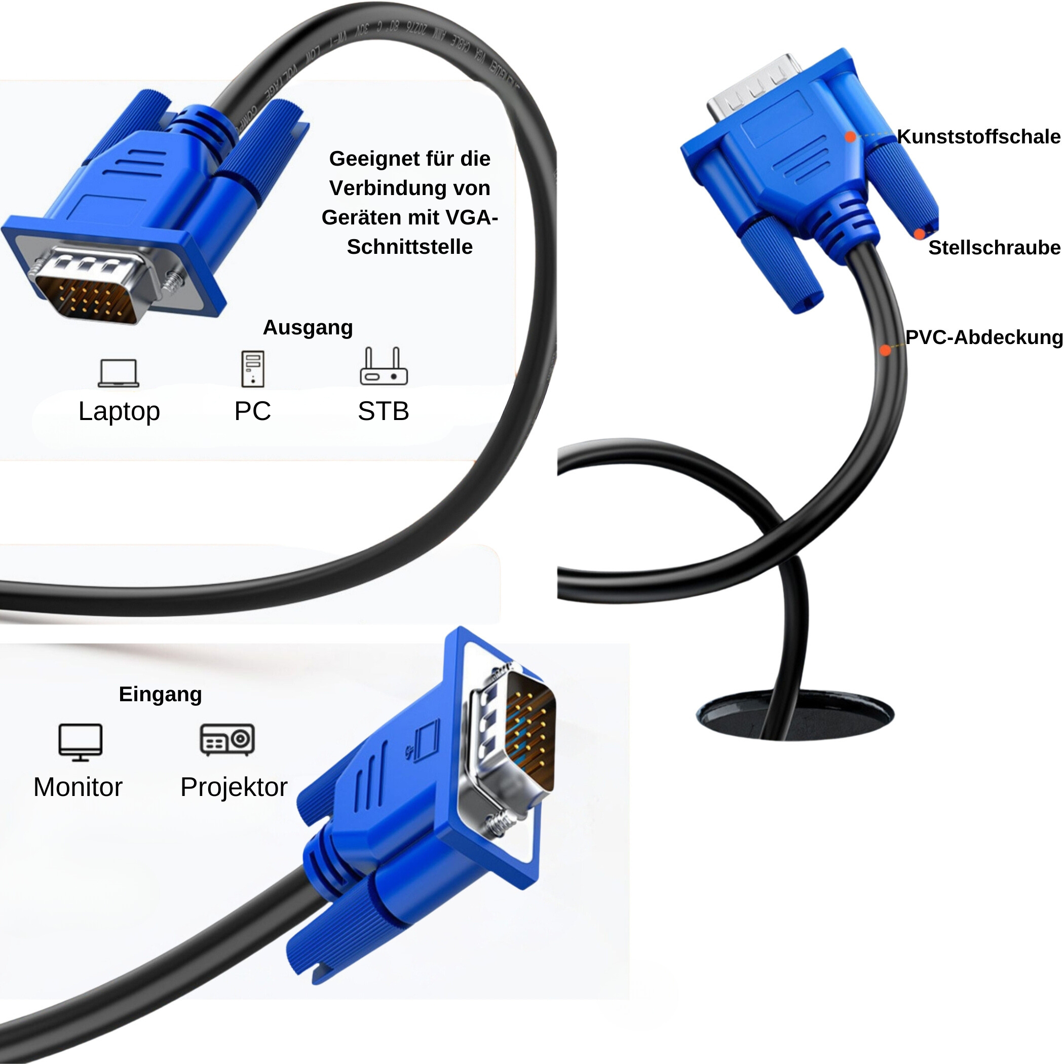 Blaues VGA-Kabel mit Anschlüssen. Enden für Laptop, PC und Projektor. Textbeschriftungen für Ein- und Ausgang.
