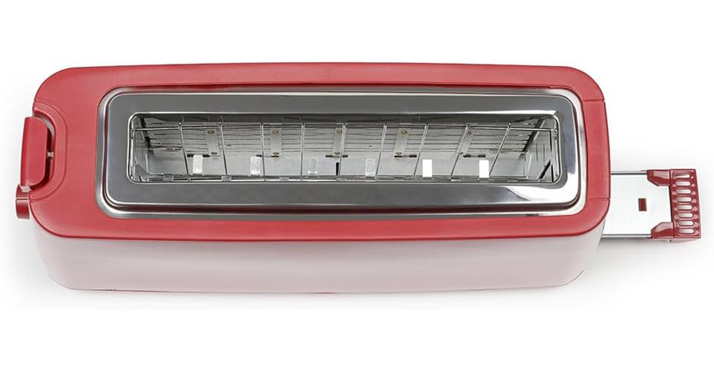 Widok z góry na czerwony toster. Posiada szczelinę na chleb z chromowanym wnętrzem.