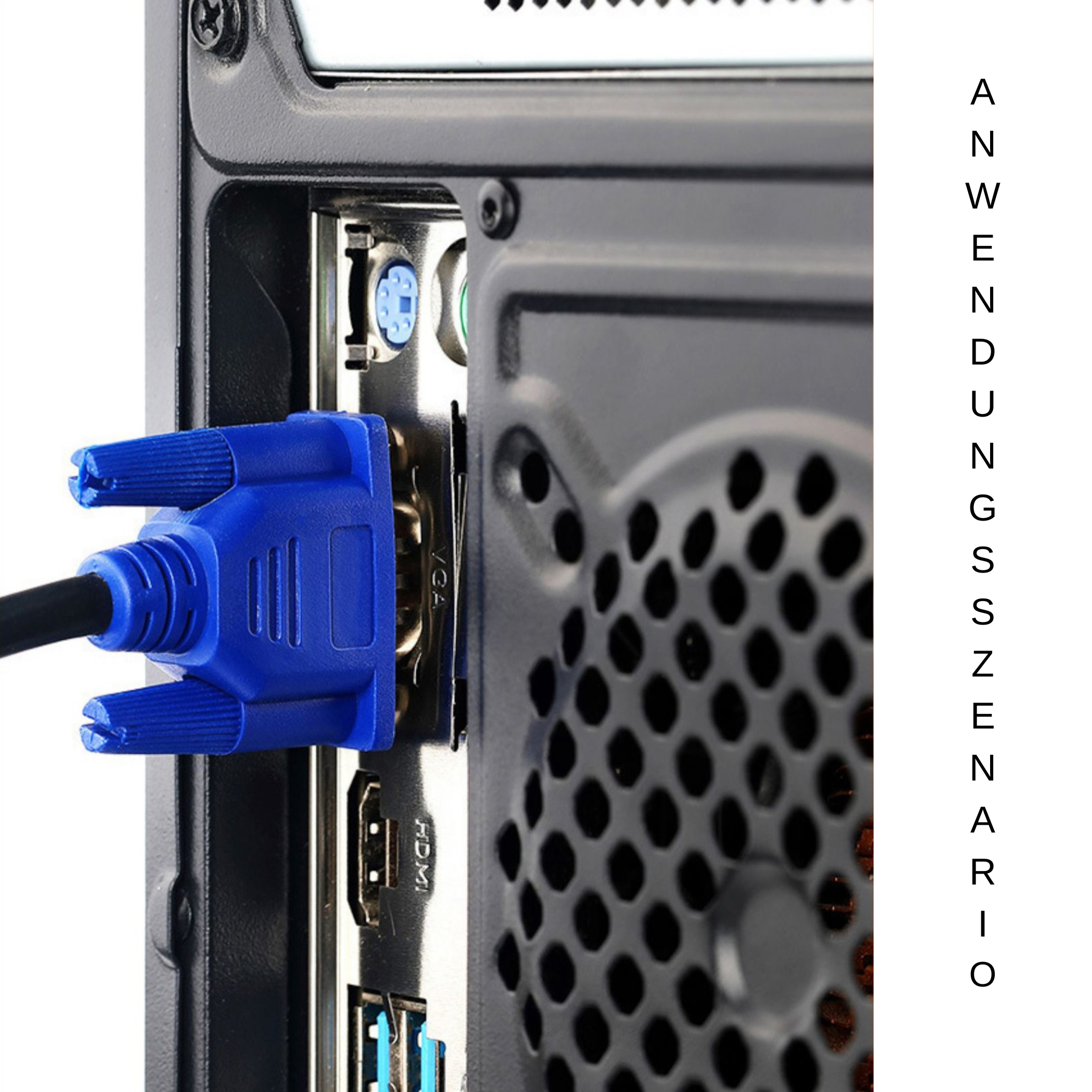 Computer-Rückwand mit VGA-Kabel und anderen sichtbaren Anschlüssen.