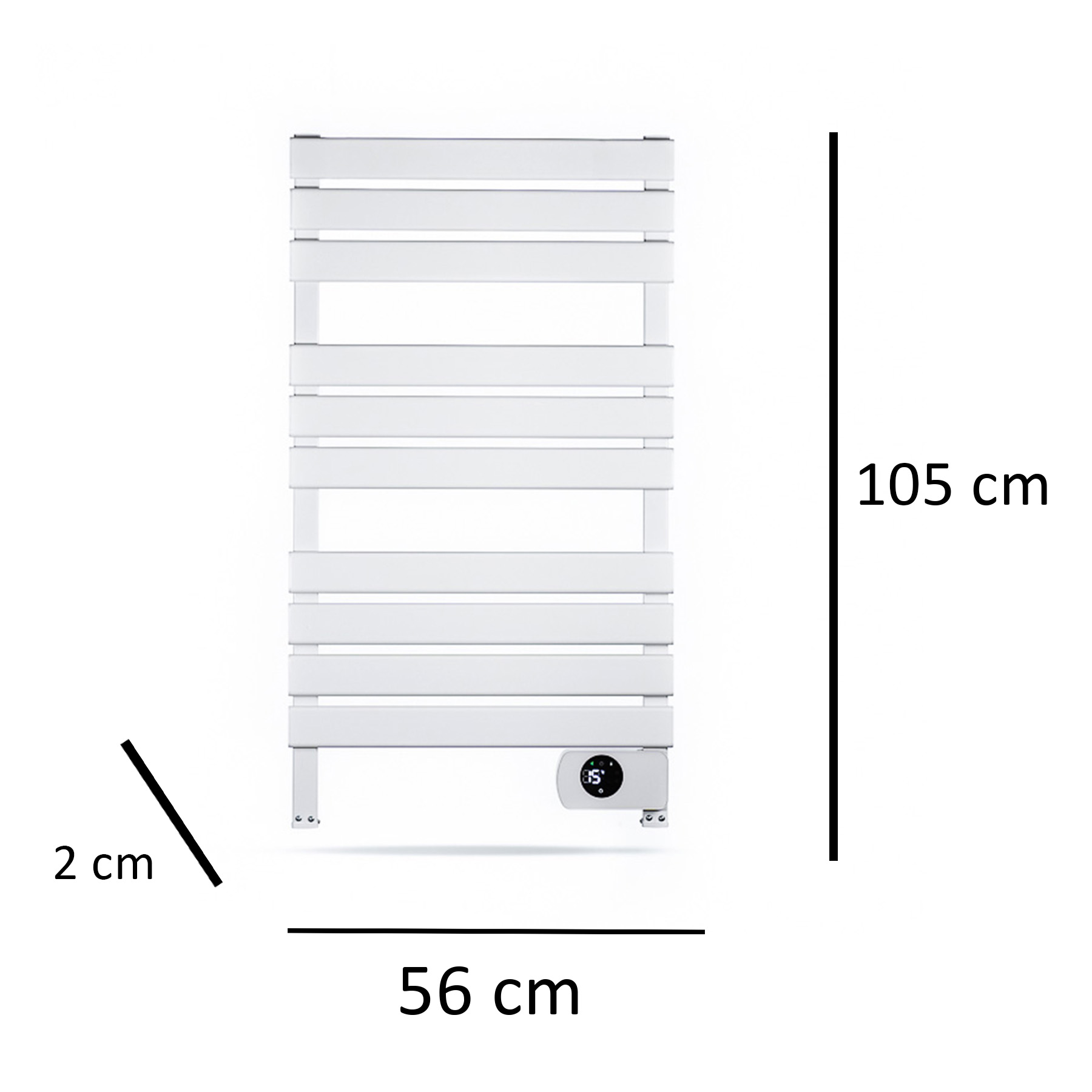 Un toallero térmico blanco con medidas, de pie verticalmente contra blanco.