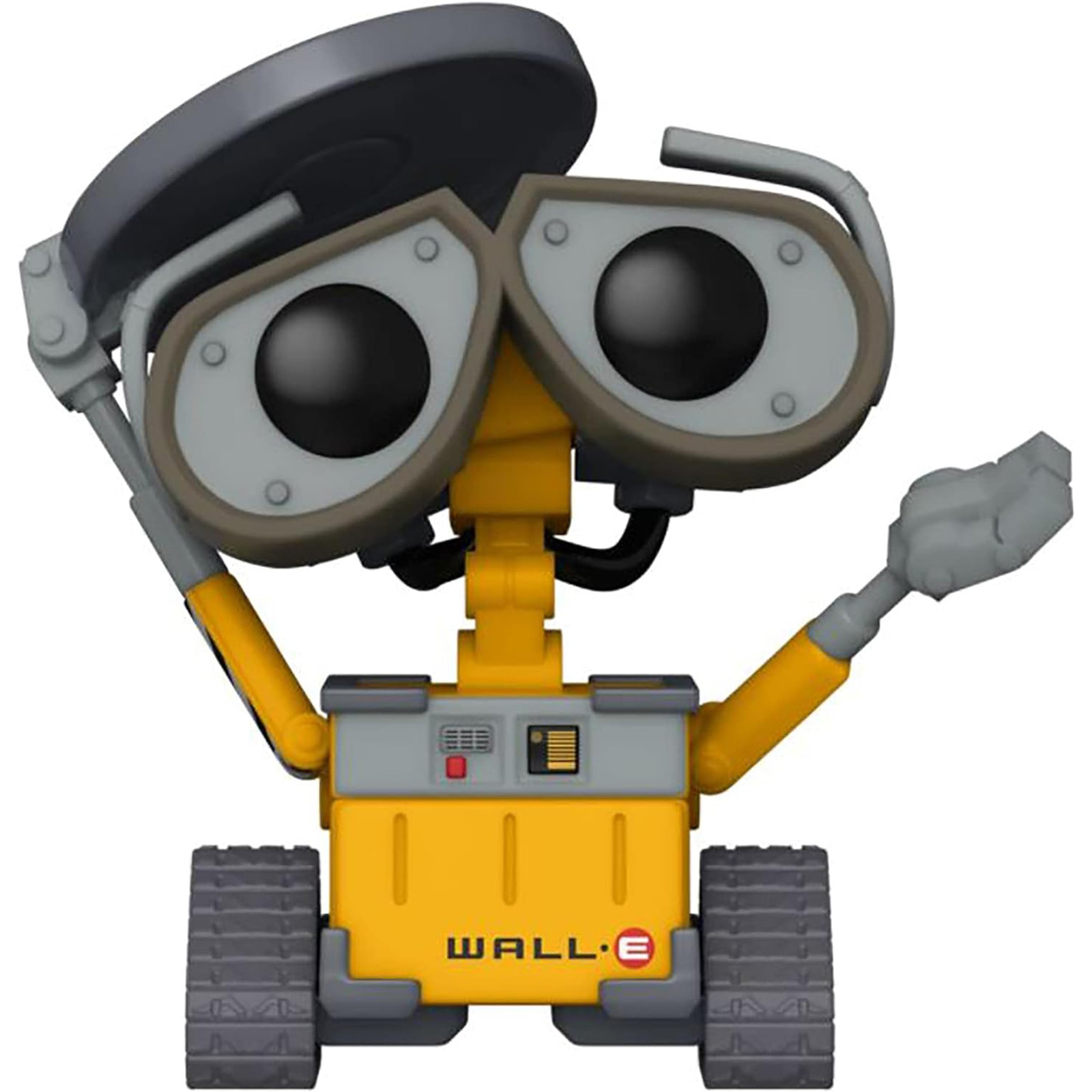 Wall-E Roboter-Spielzeug mit Armen hoch und Scheibe über dem Kopf.