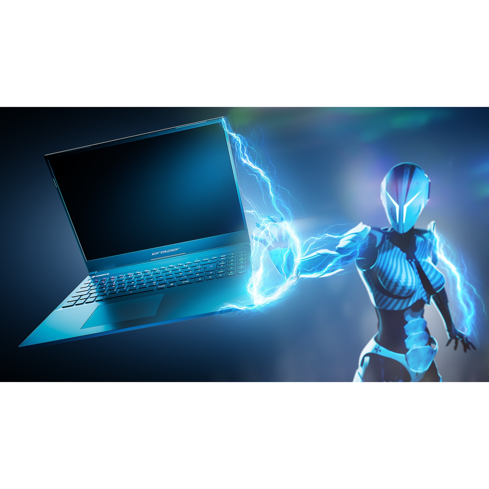Laptop z błyskawicą i futurystyczną cybernetyczną postacią.