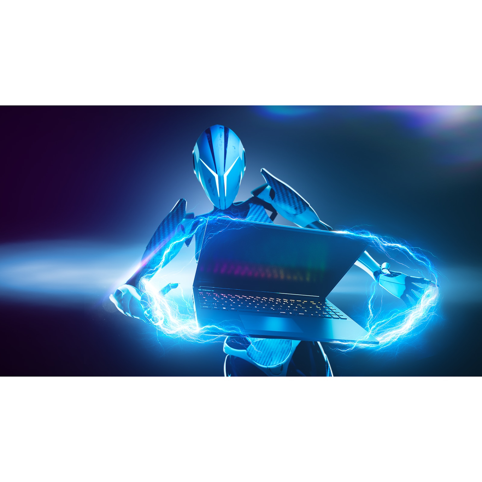 Robot trzymający laptopa z iskrami elektrycznymi wokół. Ciemne tło, niebieskie i fioletowe odcienie.