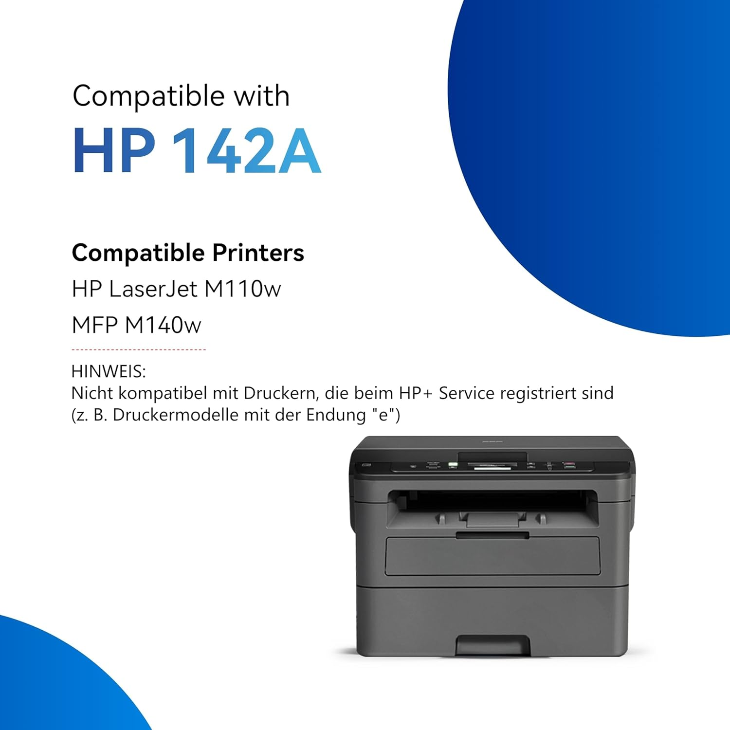 Een printer met een blauwe achtergrond. Tekst links beschrijft de printer.