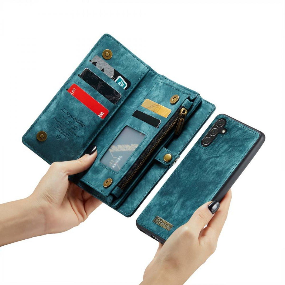 Türkisfarbene Leder-Geldbörsenhülle mit Karten und Telefon. Öffnet sich, um Kartenfächer, Reißverschluss und Telefonhalter zu zeigen.