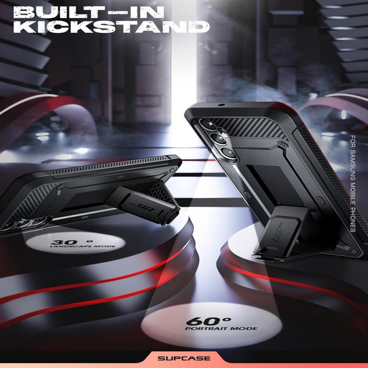 Zwei Telefone mit eingebauten Ständern, auf einer reflektierenden Oberfläche. Text sagt 'Built-in kickstand' und 'For Samsung mobile phones'.