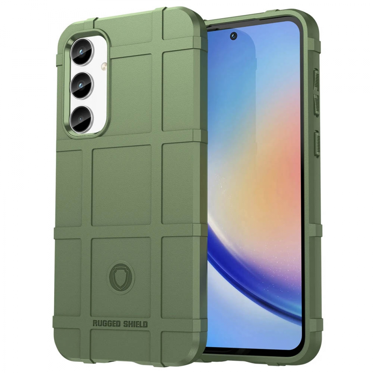 Grüne robuste Handyhülle auf einem schwarzen Telefon.