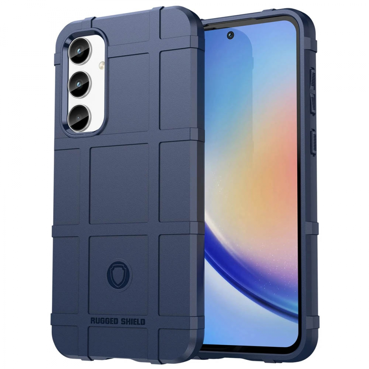 Blaue Handyhülle, robustes Design, mit Kameraausschnitten und einem sichtbaren Handybildschirm.