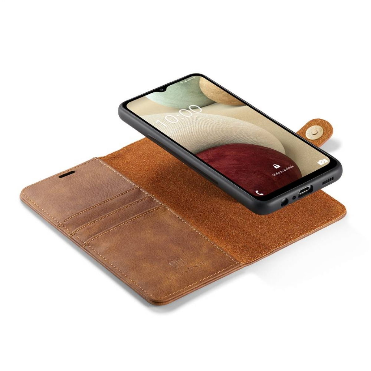 Ein Smartphone, eine offene Lederhülle und ein Portemonnaie mit Knopfverschluss.
