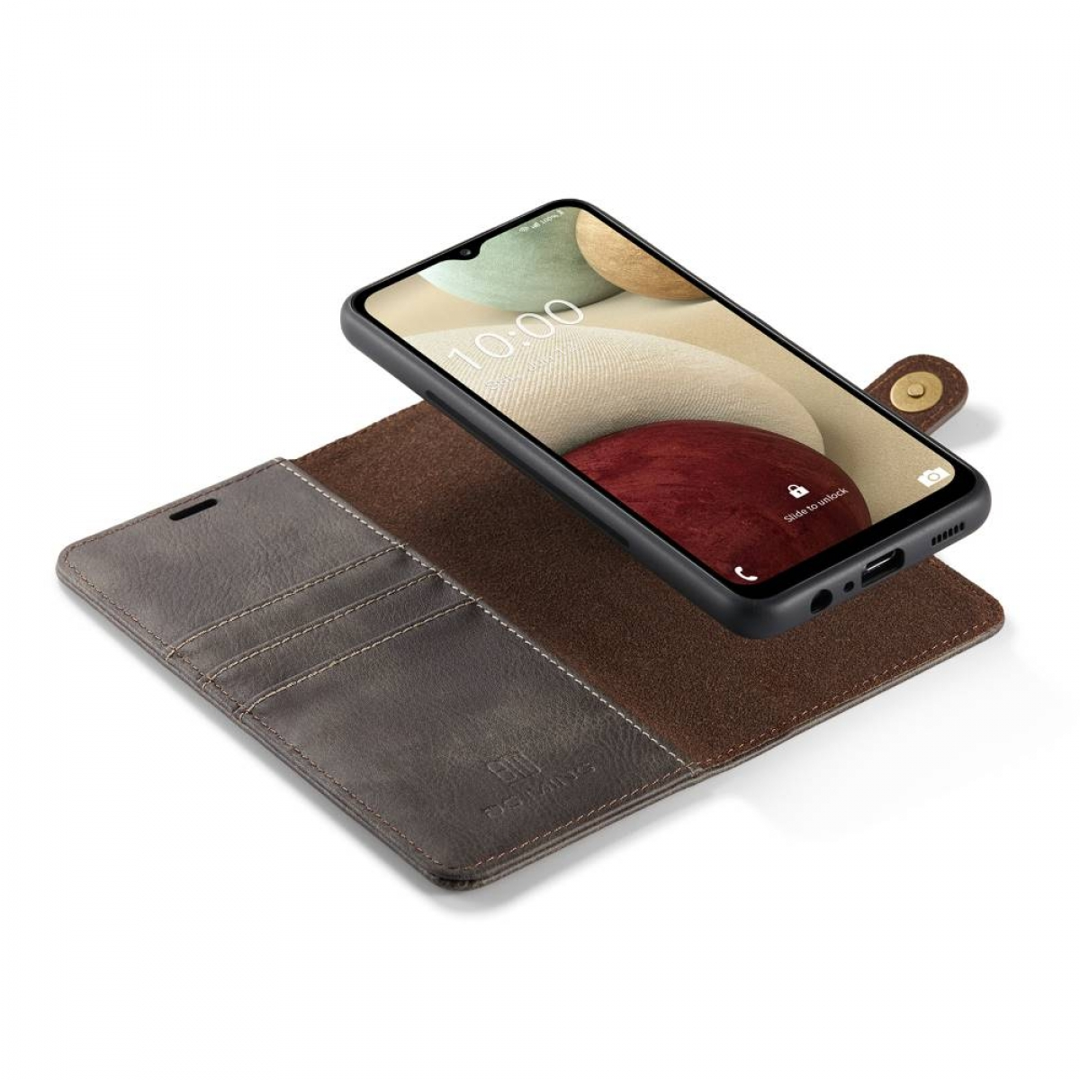 Leder-Handyhülle mit Telefon darin, auf weißem Hintergrund.