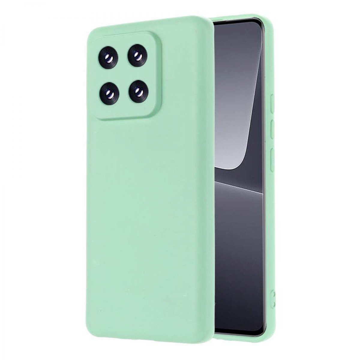 Minzgrüne Handyhülle mit Kameraausbuchtung und vier Objektiven, mit einem Telefon darin.