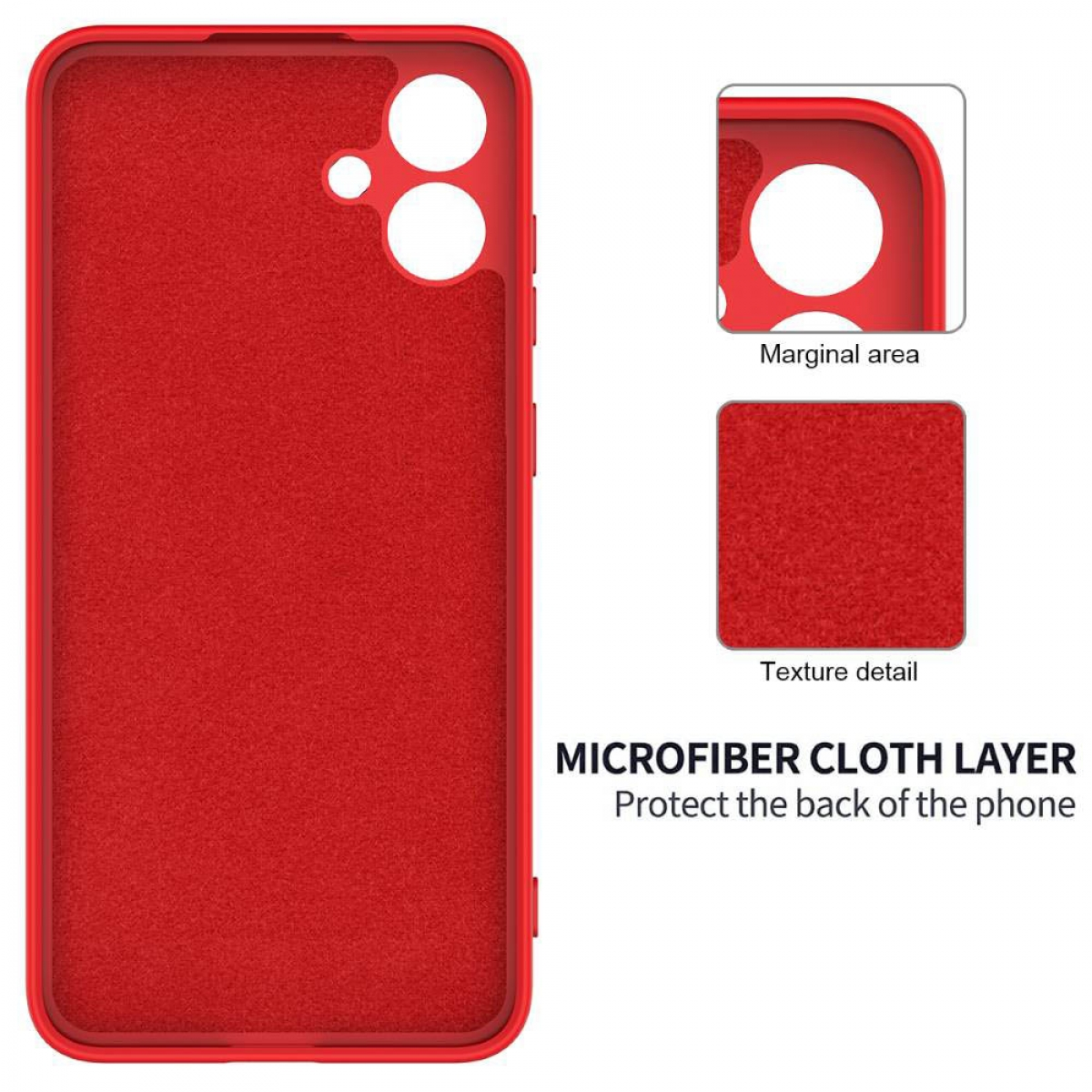 Rote Handyhülle mit Mikrofaser-Tuchschicht. Zeigt Texturdetails und Randbereich.