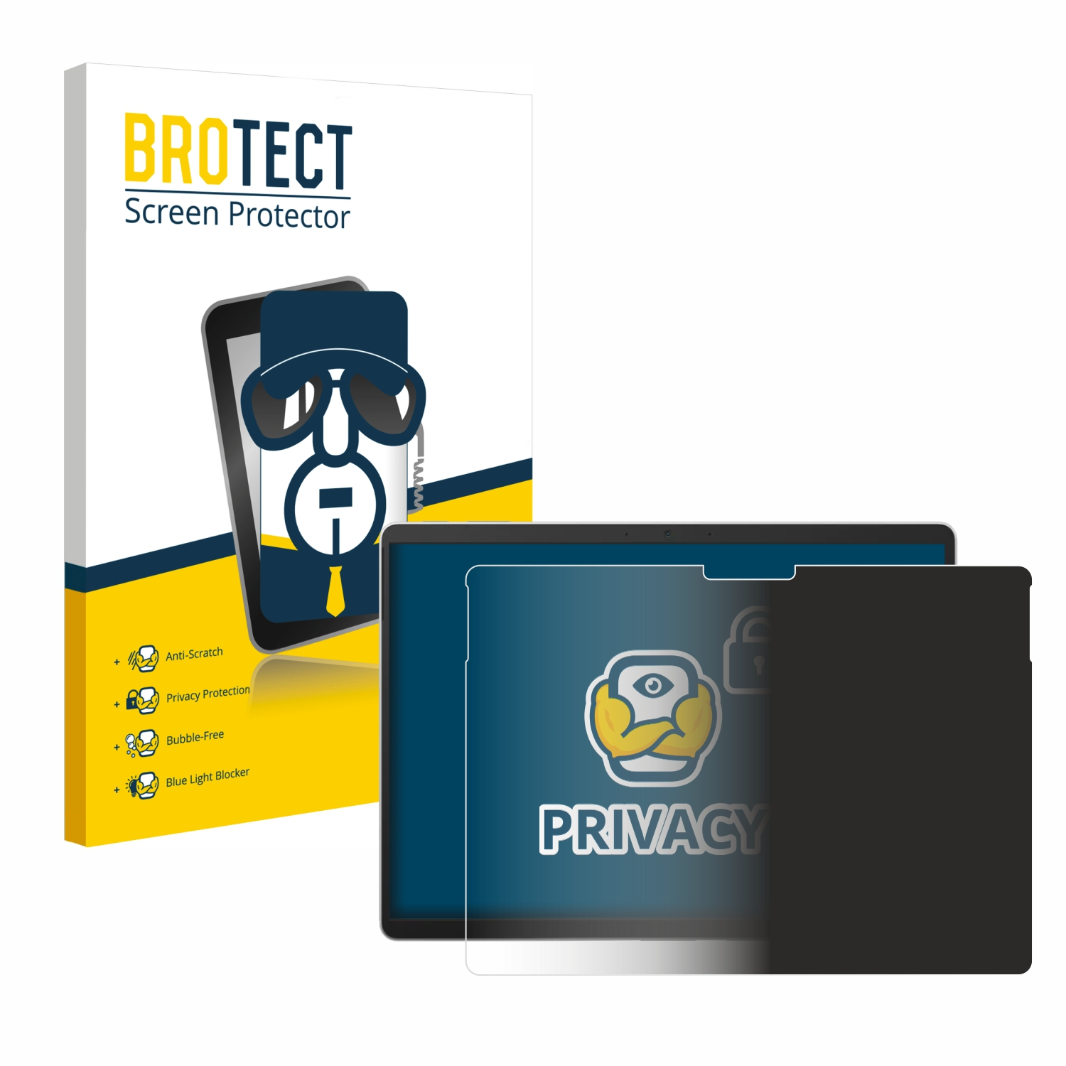 Schutzfolienbox, Telefon und Privacy Screen. Der Bildschirm ist schwarz mit einem Privacy-Logo.