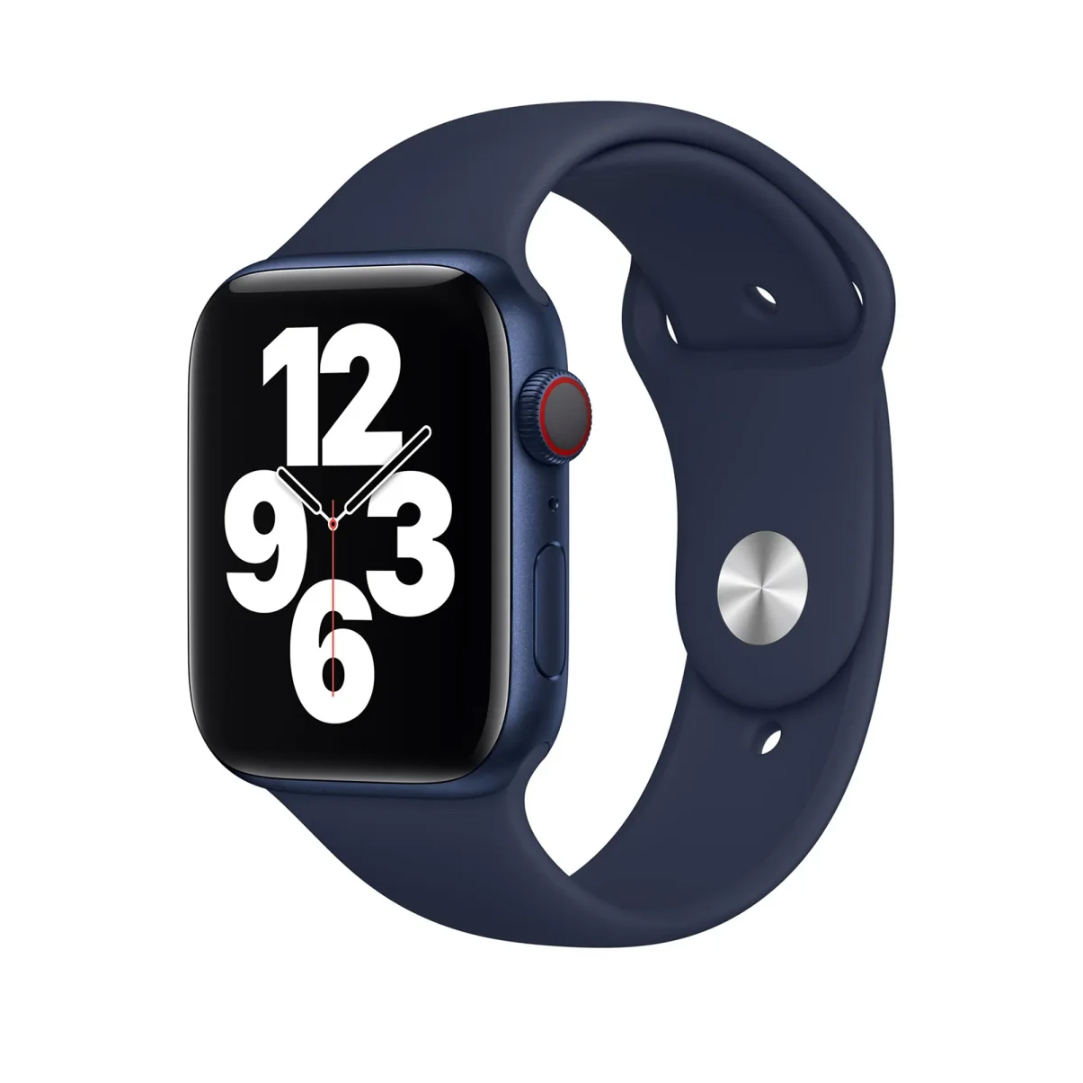 Granatowy Apple Watch z granatowym paskiem, wyświetlający godzinę 12:00 i datę. Czerwona tarcza obecna.