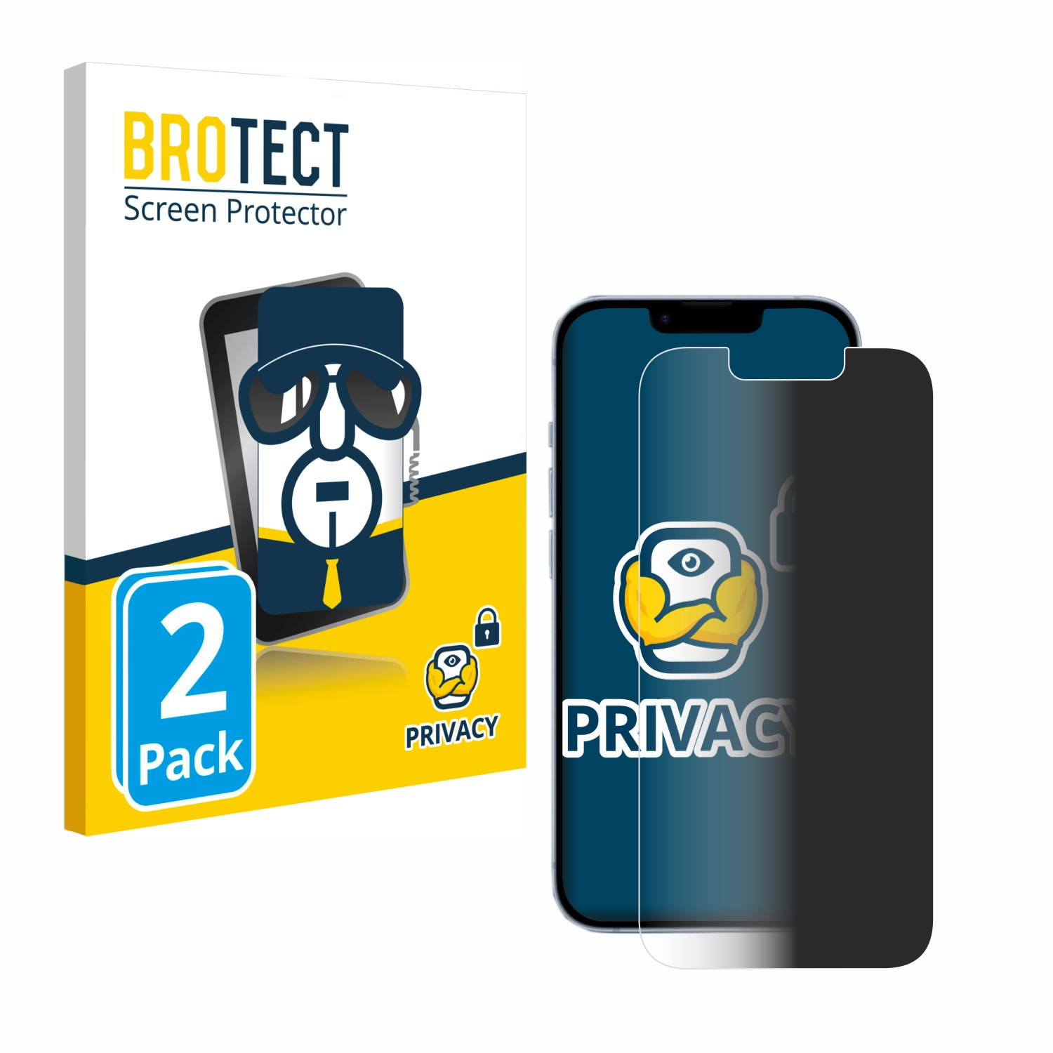 Telefon und Schutzfolienbox. Telefon hat dunklen Bildschirm, der Protector ein Privacy-Logo.