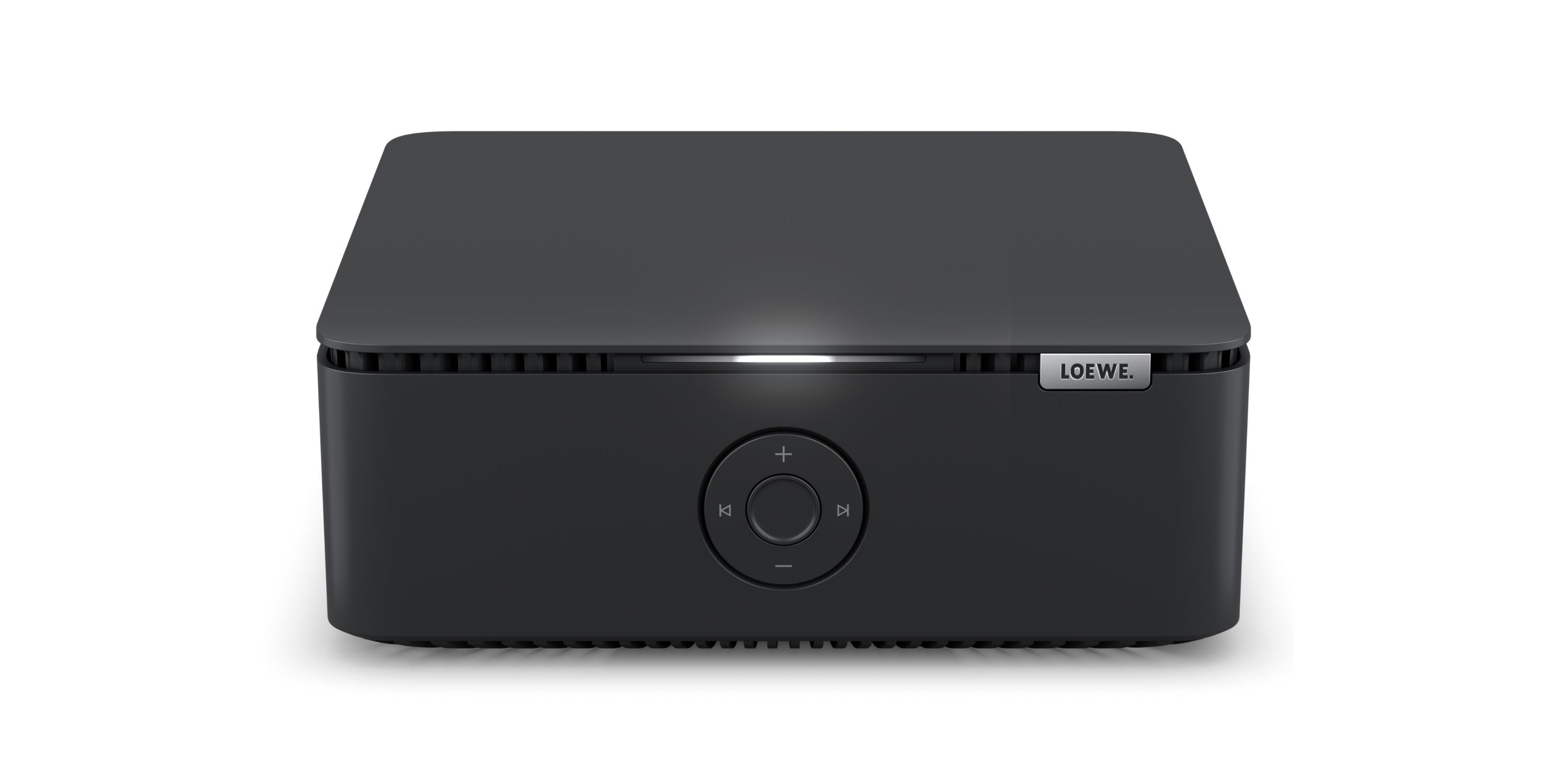 Dispositivo audio Loewe nero. Bordi arrotondati, pulsanti e una luce sulla parte anteriore, e il marchio in alto.