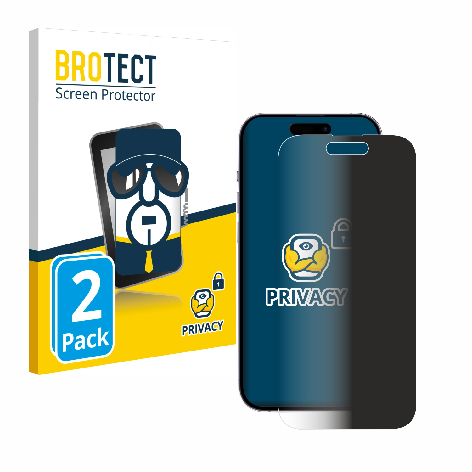 Displayschutzfolienbox mit Telefonbild und zwei Displayschutzfolien. Box sagt '2er Pack' und 'Privacy'.