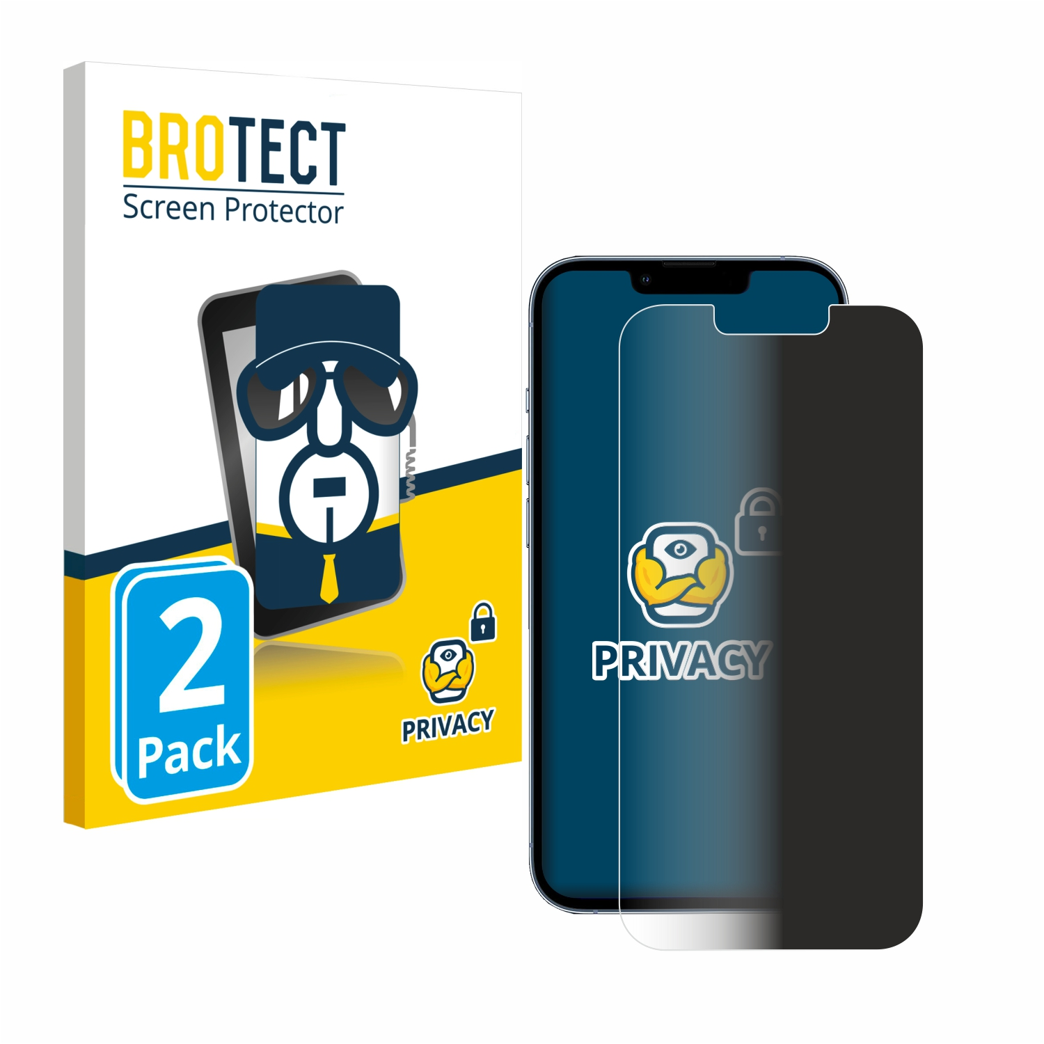 Displayschutz auf einem Telefon und eine Box. Box zeigt ein Telefon mit Privacy-Displayschutz.