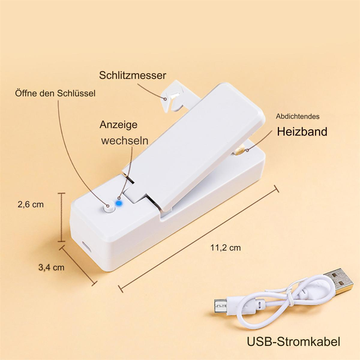Weißes Gerät mit Etiketten und einem USB-Kabel. Es scheint ein Gerät zum Verschließen von Gegenständen zu sein.