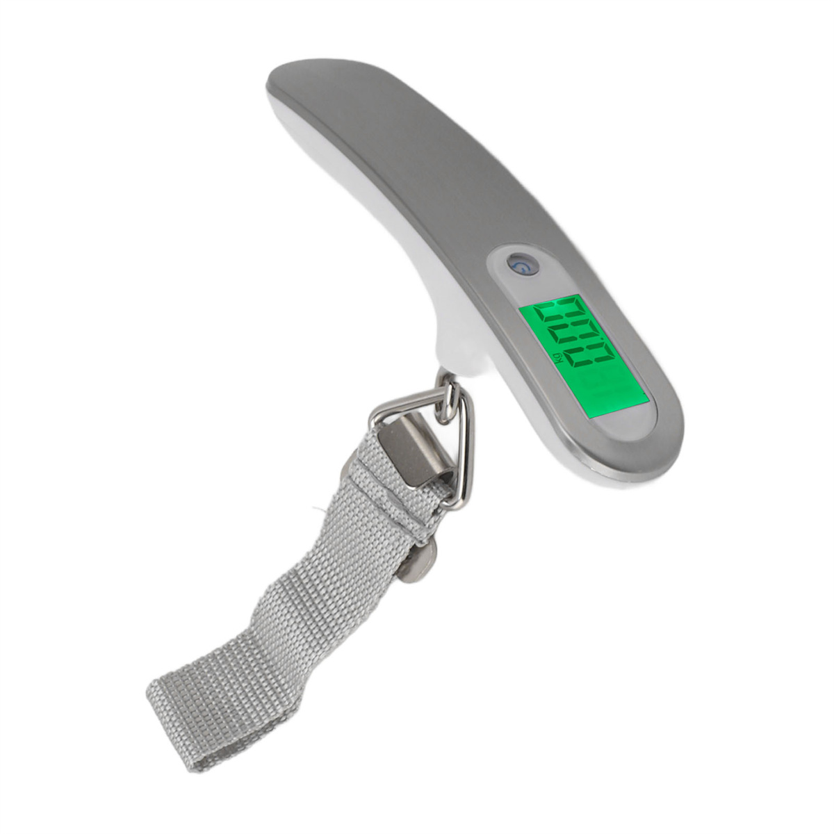 Eine graue, tragbare digitale Gepäckwaage mit grünem Display und grauem Gurt.