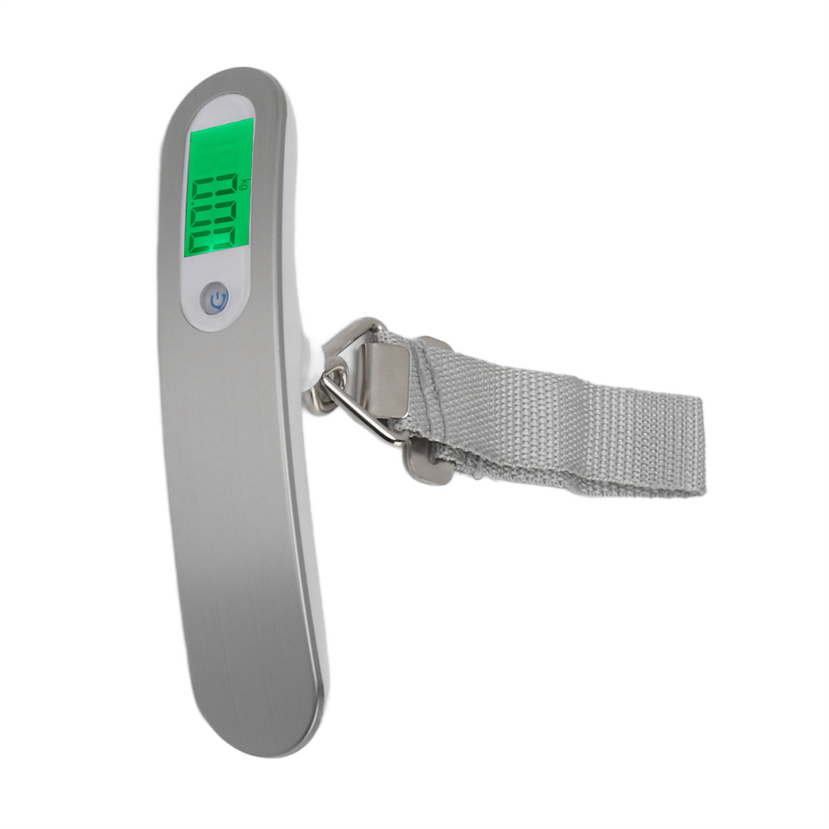 Silberne digitale Gepäckwaage mit grauem Gurt und grüner Anzeige mit 0,0.