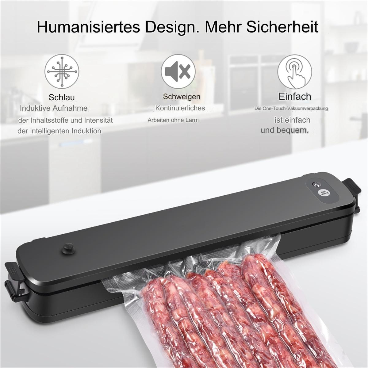 Ein Vakuumierer, der Würstchen verschweißt. Die Maschine ist schwarz, die Würstchen in einem durchsichtigen Beutel.