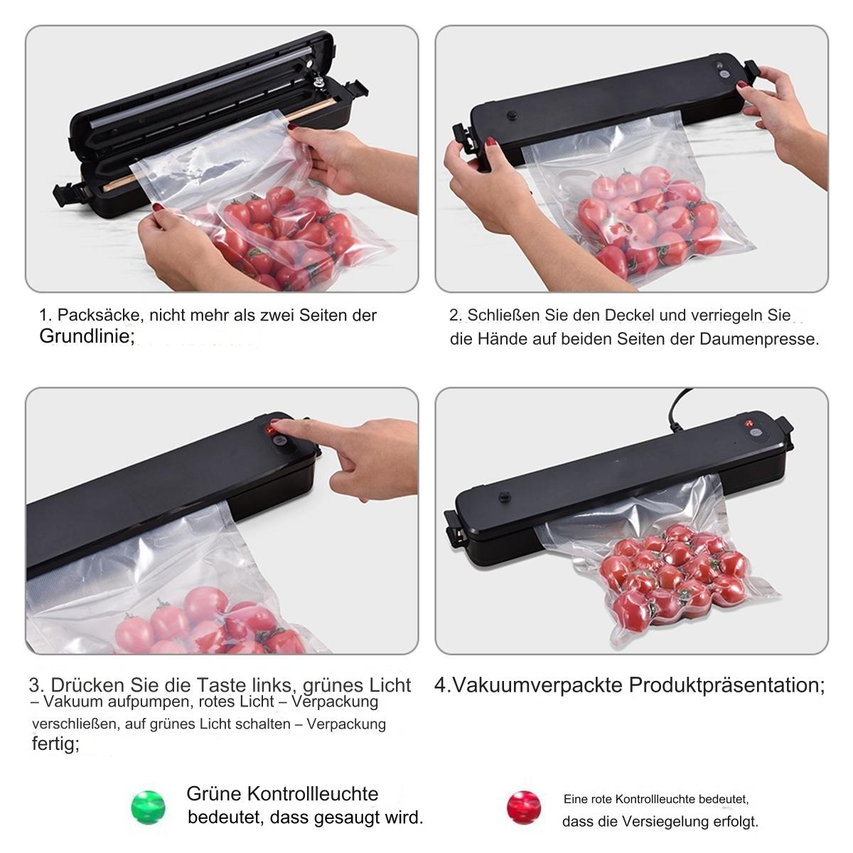 Eine Schritt-für-Schritt-Anleitung zur Verwendung eines Vakuumiergeräts mit Bildern von Tomaten in Beuteln.