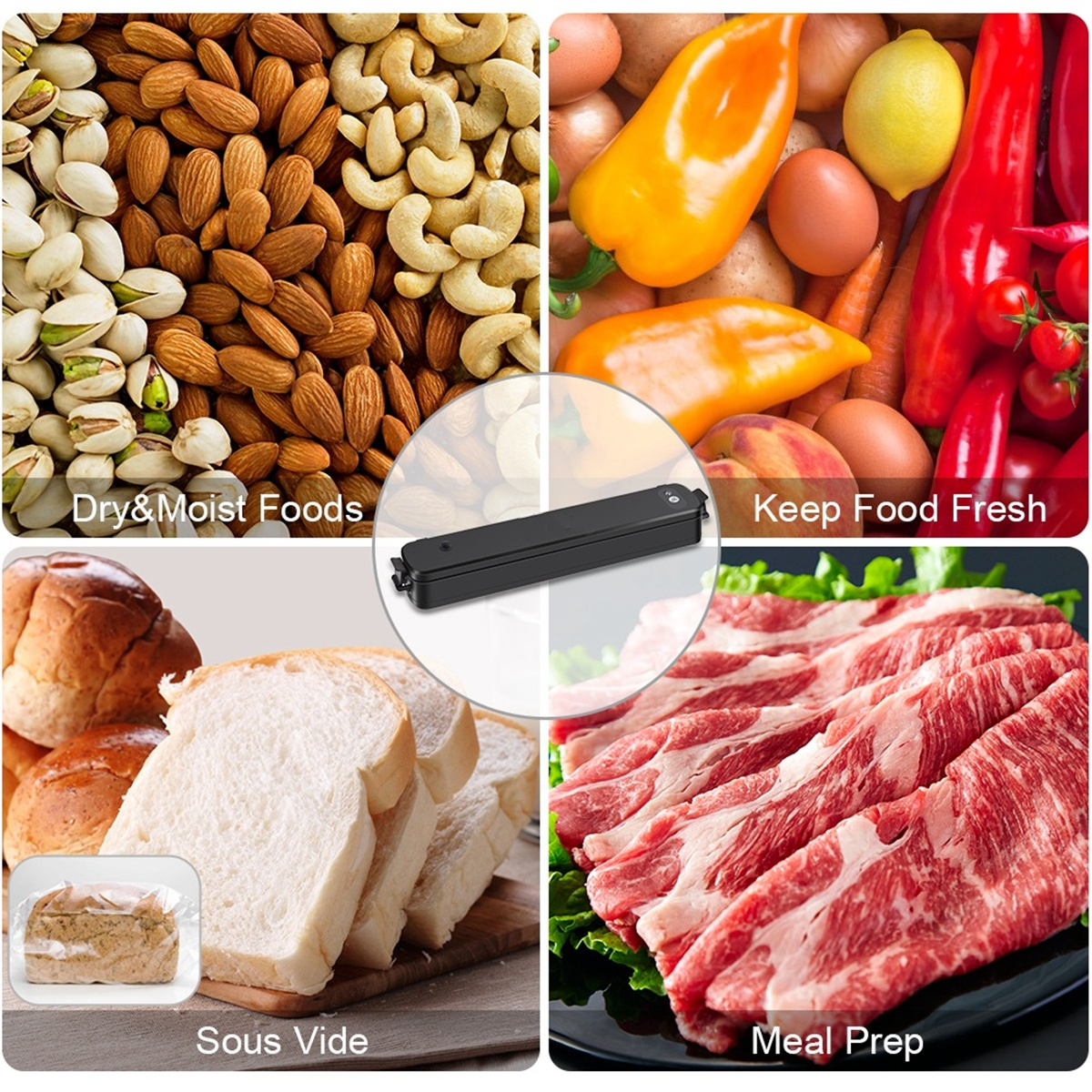 Eine Collage mit Essen. Mandeln, Cashewnüsse, Pistazien, Brot, Fleisch, Gemüse und mehr.