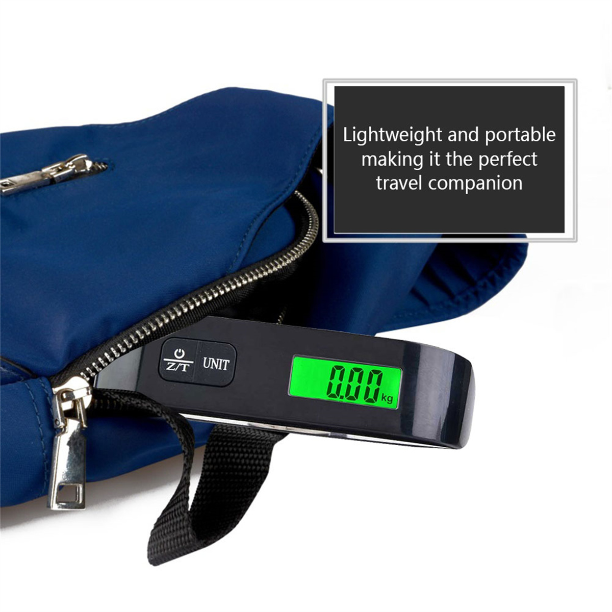 Blaue Tasche und Digitalwaage mit 0,00 kg, mit Text.