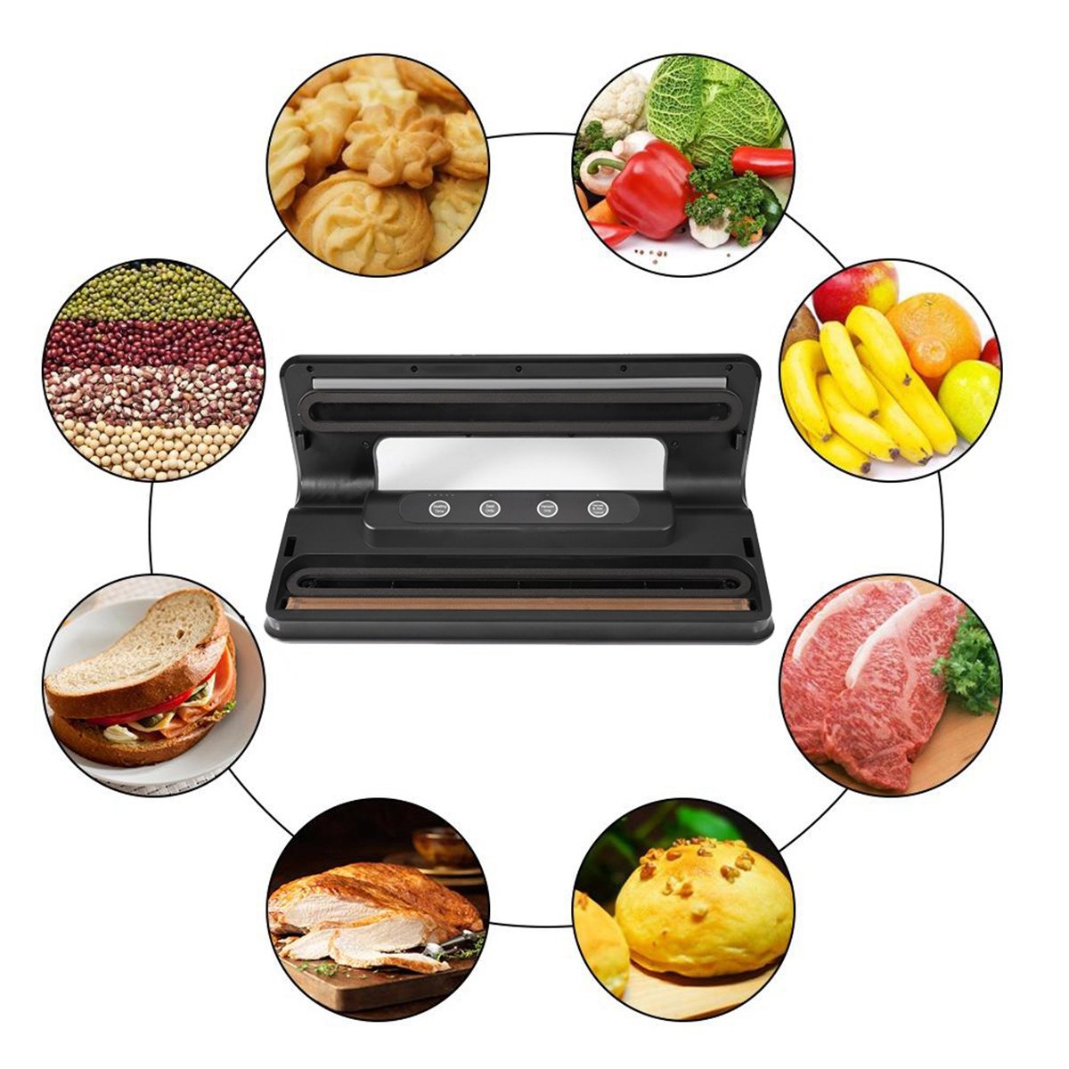 Vakuumiergerät mit verschiedenen Lebensmitteln: Obst, Fleisch und Backwaren.