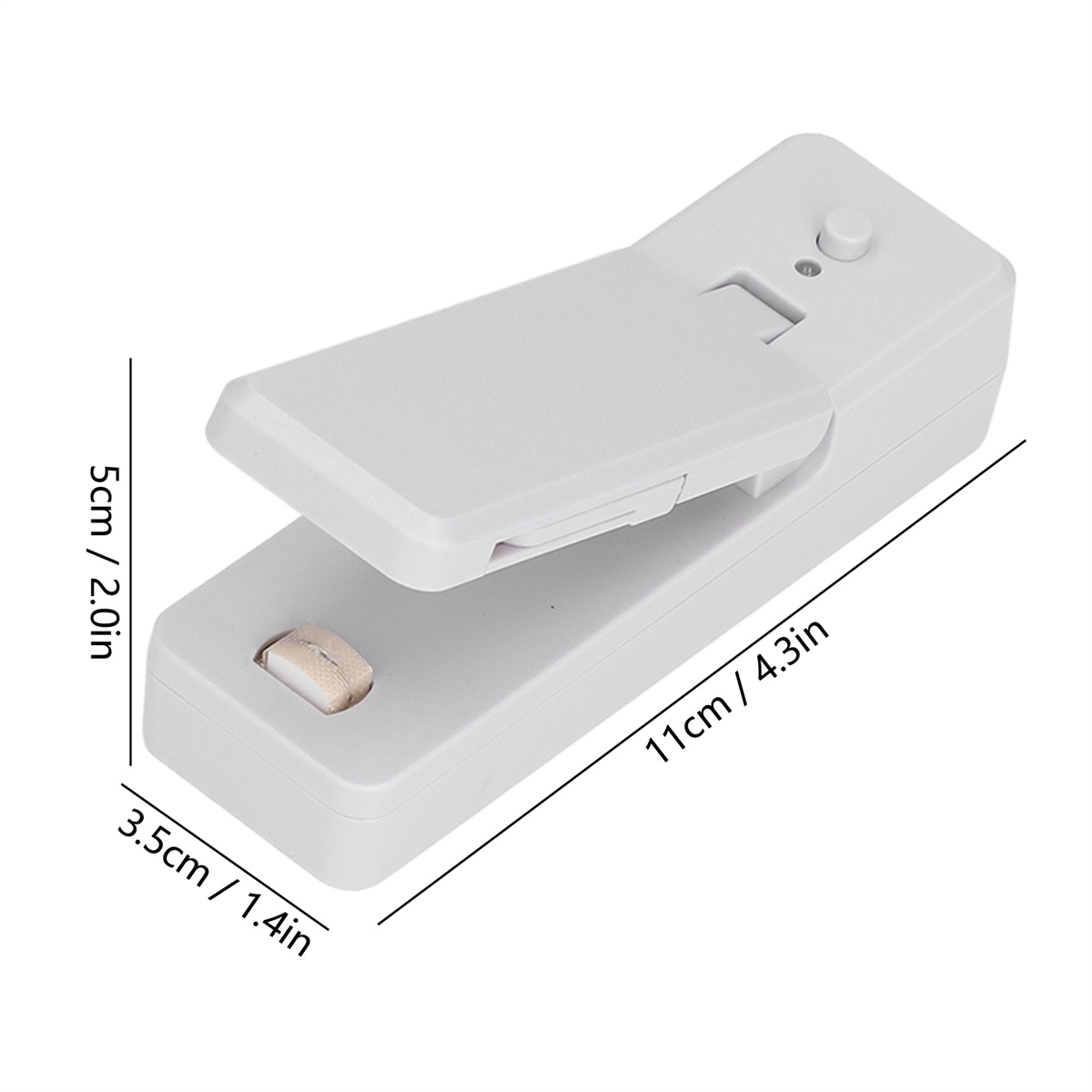Weißes 2-in-1-Siegel- und Schneidegerät mit den Abmessungen: 5 cm, 11 cm, 3,5 cm.