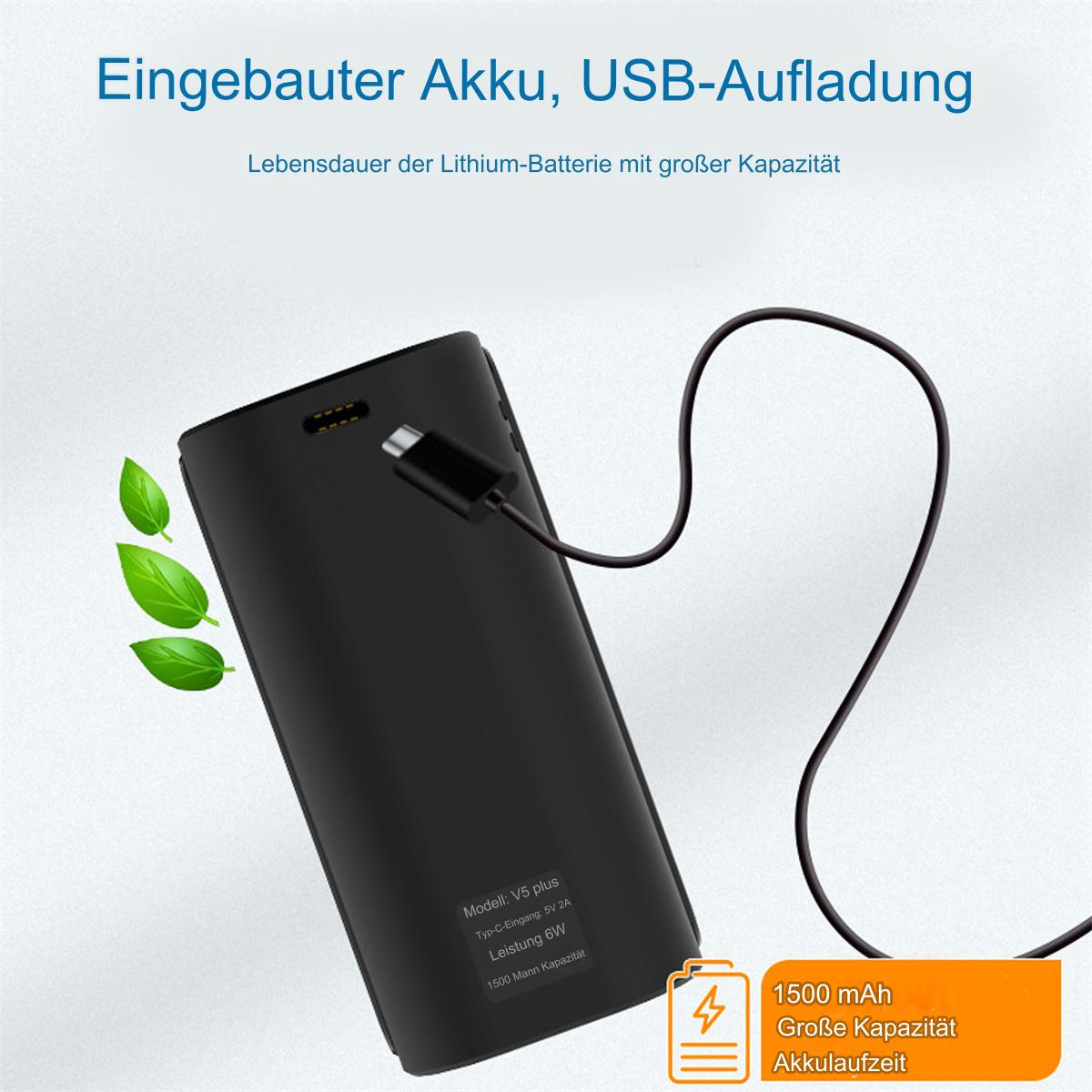 Schwarze Powerbank mit Ladekabel und Blättern, mit Text und Symbolen.
