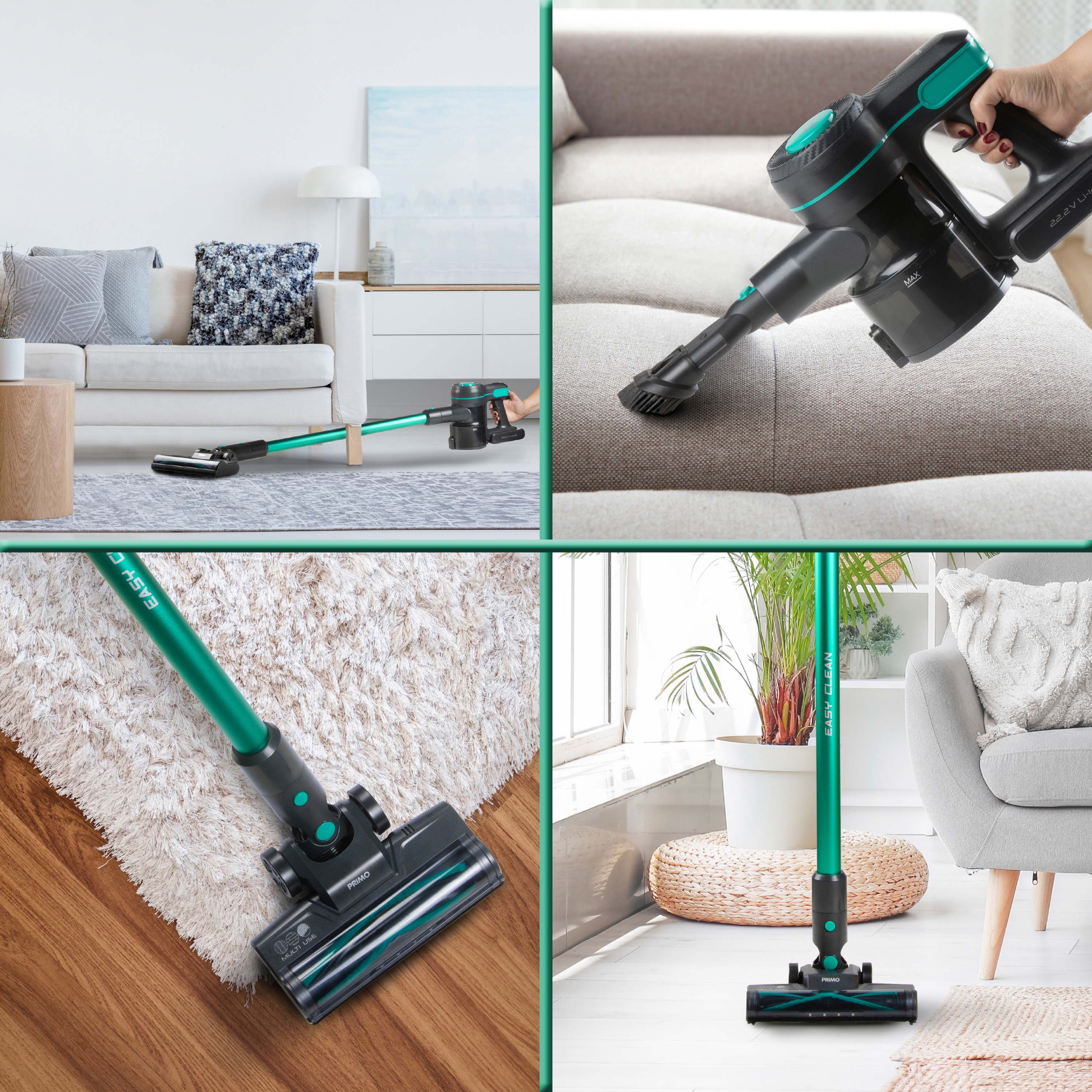 A collage of a vacuum cleaner in use, showing different angles and actions.
