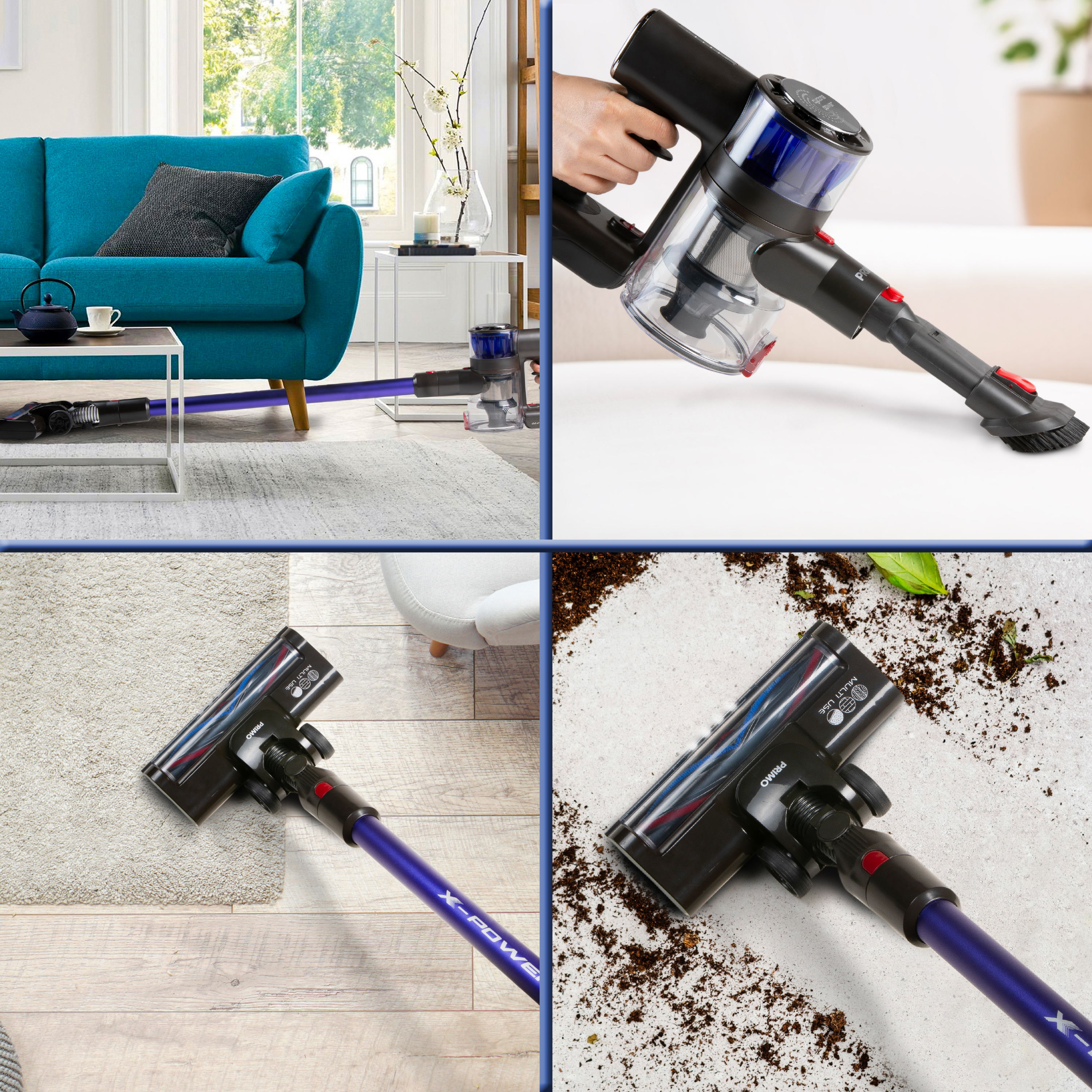 Un collage montrant un aspirateur sans fil utilisé sur différentes surfaces et dans différents environnements.