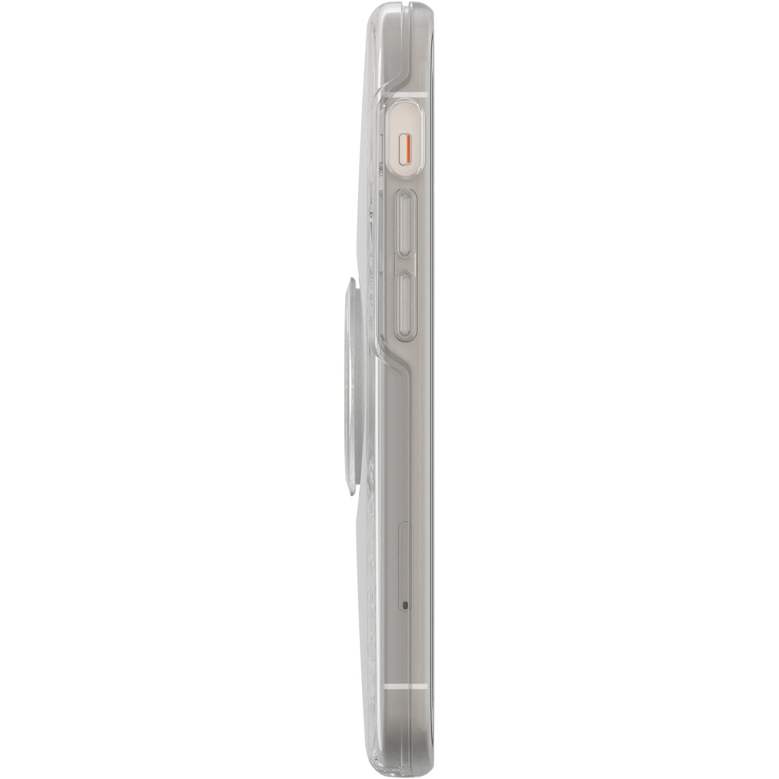 Vista lateral de una funda transparente para teléfono con un pop socket. Está sobre un fondo blanco.