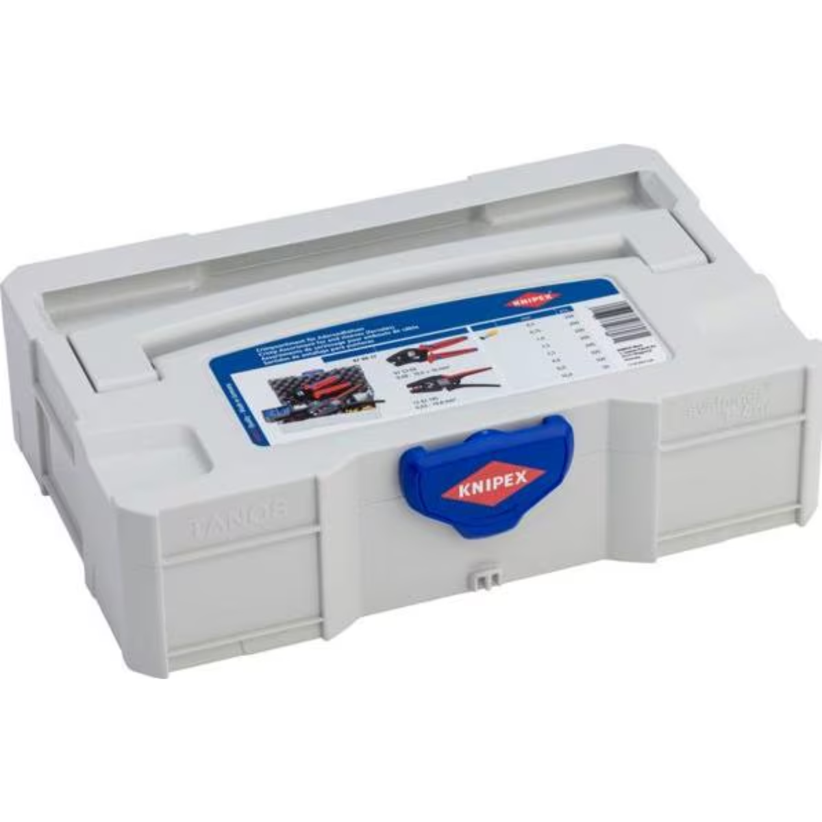 Caja de herramientas con herramientas dentro. Logo Knipex azul. Blanco y azul.