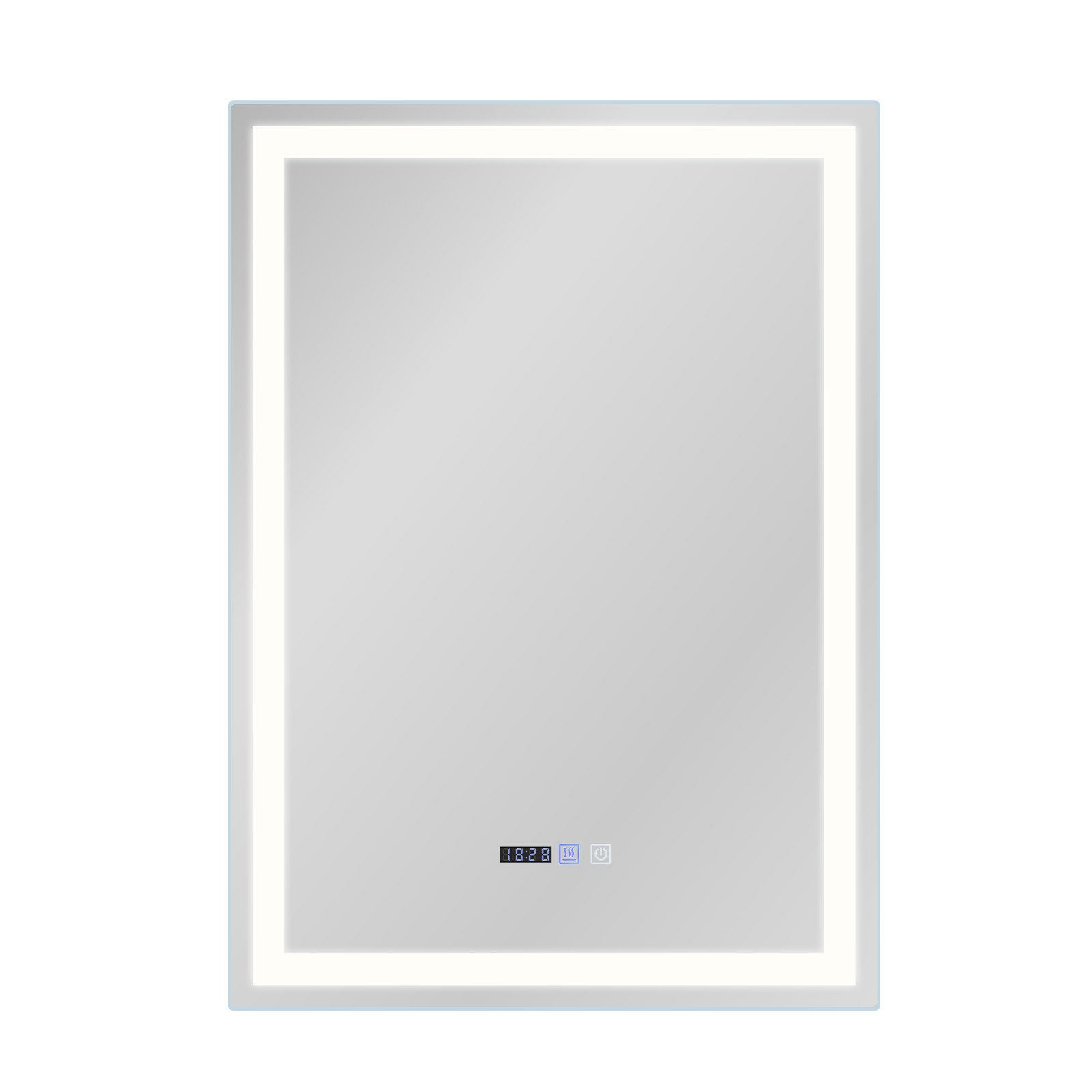 Prostokątne lustro z białym obramowaniem LED i zegarem cyfrowym.