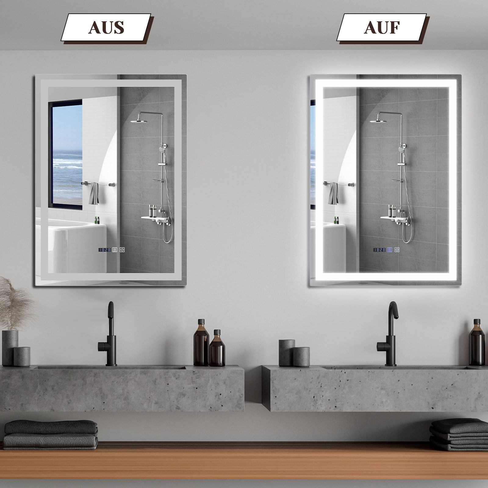 Dwa lustra nad umywalkami, jedno podświetlane, drugie nie.