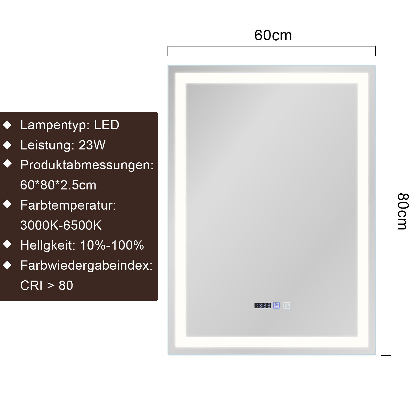 Prostokątne lustro z wbudowanym zegarem cyfrowym i jasną ramą. Wymiary to 60x80cm.