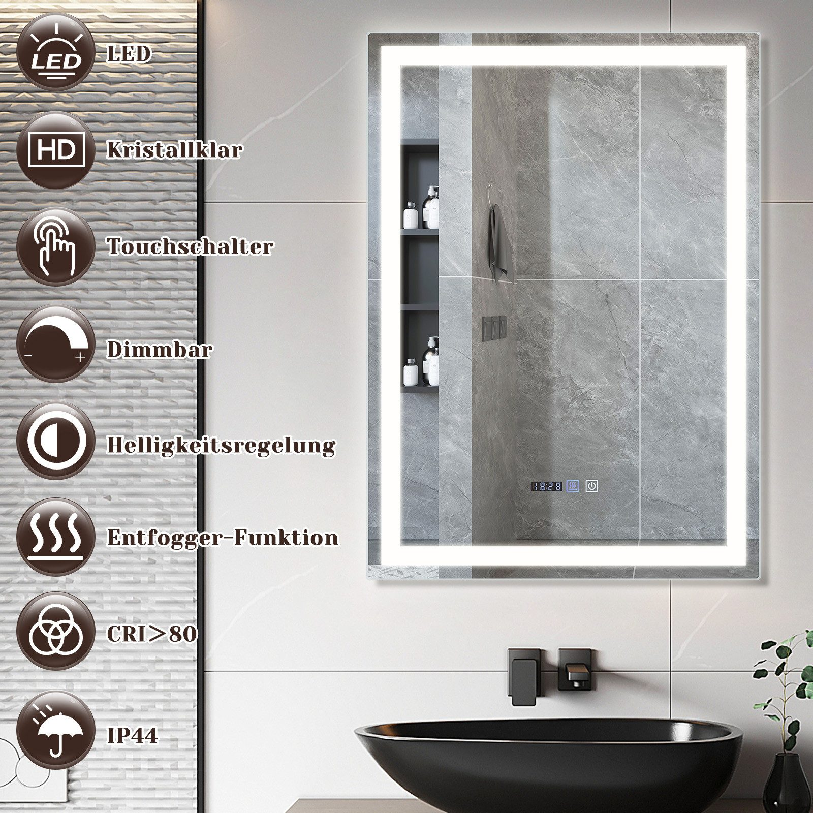 Podświetlane lustro z ikonami sterowania, nad czarnym zlewem.