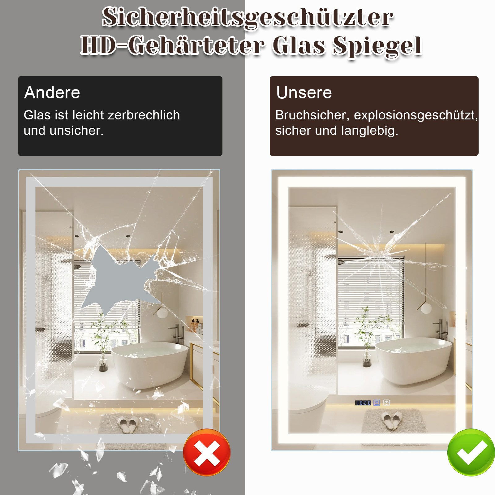 Porównanie luster pokazujące potłuczone lustro i bezpieczne, trwałe lustro.