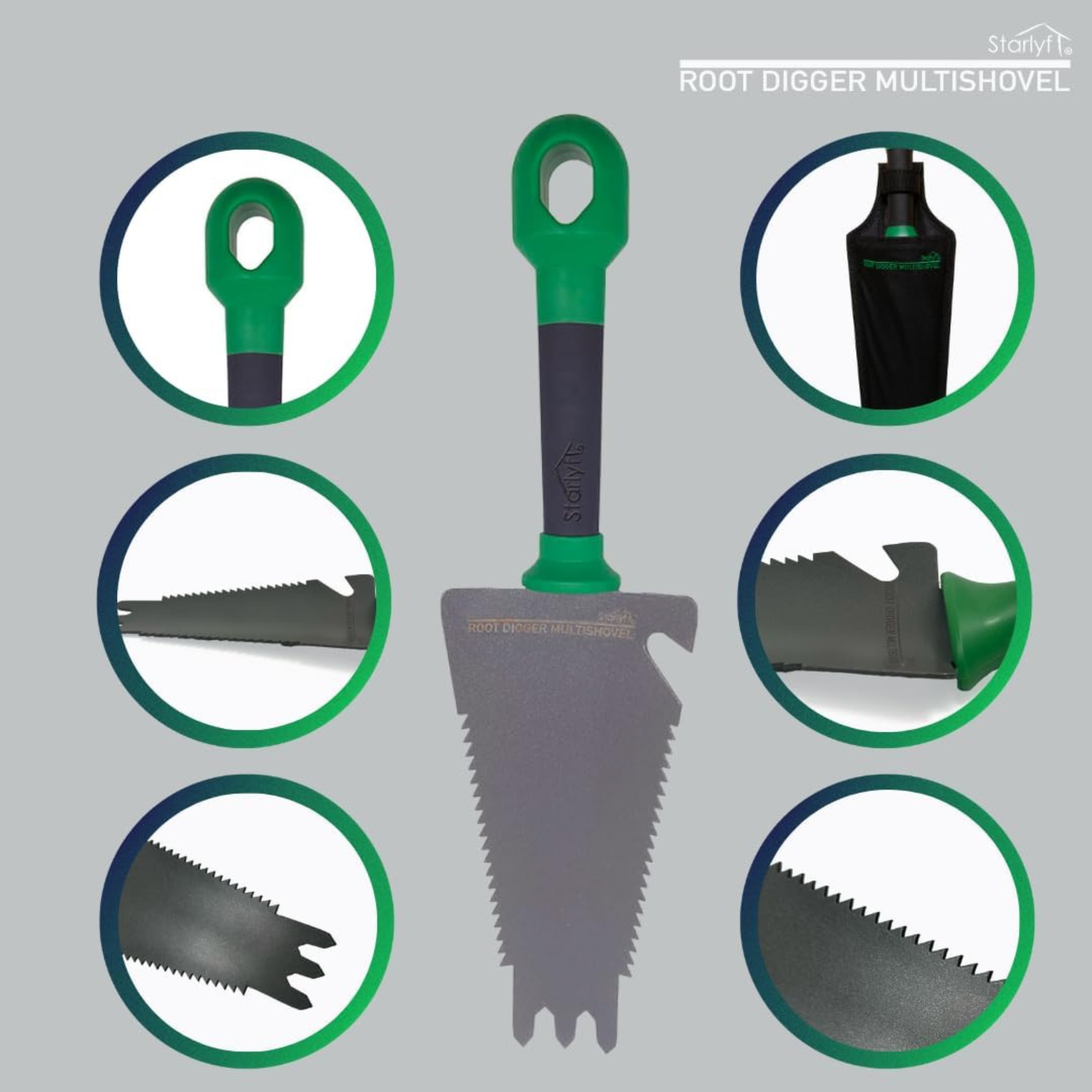 Ein Multitool mit grünem Griff und verschiedenen sägeartigen Klingen.